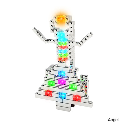 A vibrant angel figure constructed from the interlocking pieces of the Power Blox™ Advanced Set by E-Blox. This LED light-up angel has bricks in an array of colors such as orange, blue, green, purple, and red. With its outstretched arms and a tiered body structure, it features a brightly shining head. The word "Angel" is elegantly written in the bottom right corner.