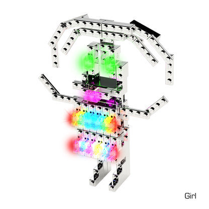 A digital rendering of a girl constructed from transparent, interlocking blocks from the Power Blox™ Advanced Set by E-Blox®. Illuminated with bright, multicolored LED lights, the figure features outstretched arms and block-like hair. Reminiscent of toy brick sets in a STEAM curriculum, the word "Girl" appears in the bottom right corner.