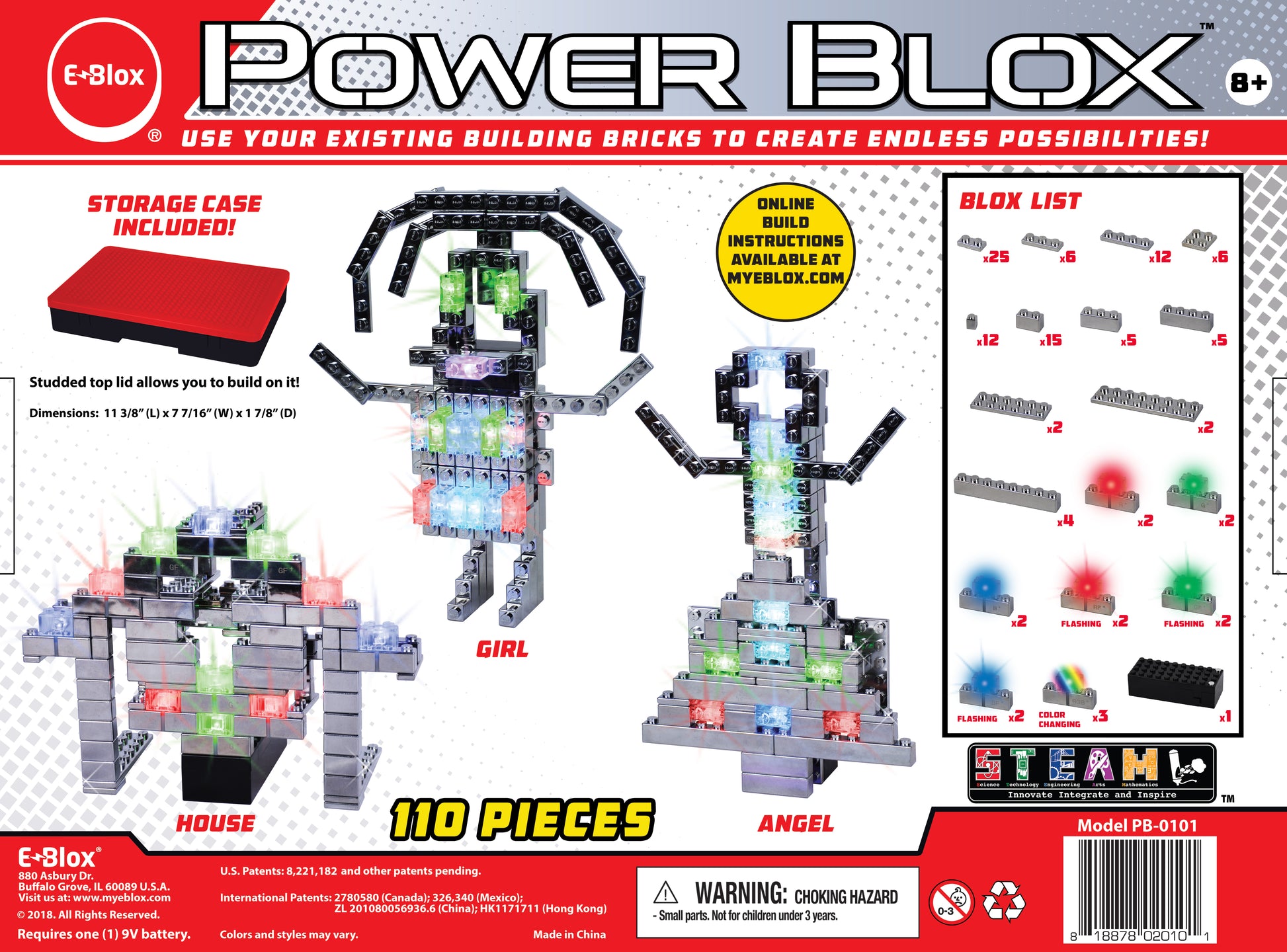 The Power Blox™ Advanced Set - E-Blox® - LED Light-Up Building Blocks, by E-Blox, contains 110 pieces. This toy brick set includes illustrated instructions for creating a house, a girl, and an angel using colorful blocks. The box also features a storage case, online build instructions, and various types and colors of pieces.