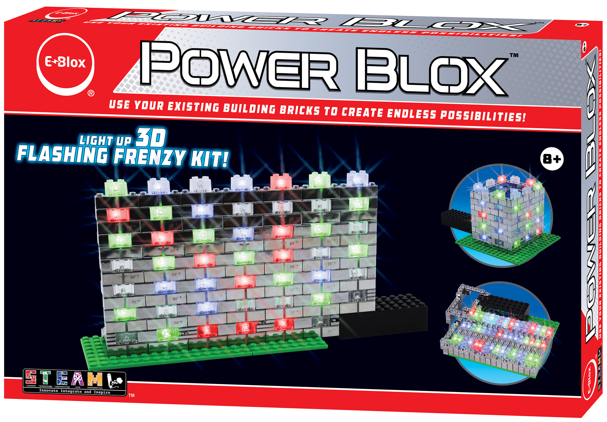 The image depicts the packaging of the Power Blox Flashing Frenzy - E-Blox® LED Light-Up Building Blocks by E-Blox. The box is red and white, showcasing images of illuminated building bricks arranged in various formations. Featuring the text "Light Up 30 Flashing Frenzy Kit!" it highlights their patented technology and suggests it's suitable for ages 8 and up.