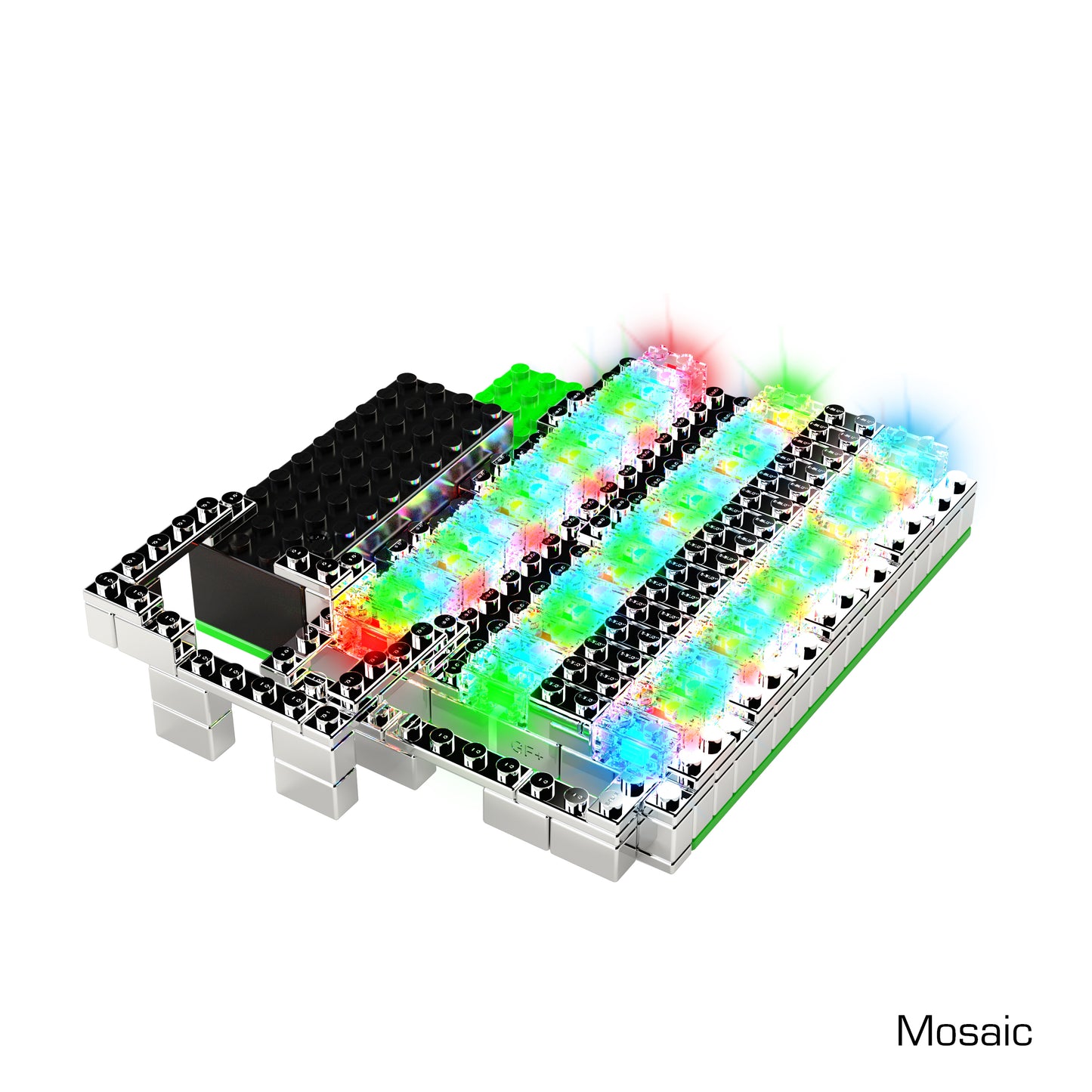 A vibrant LEGO-like creation made from black, white, and transparent bricks illuminated with multicolored LED lights underneath. Employing patented technology, the Power Blox Flashing Frenzy - E-Blox® LED Light-Up Building Blocks by E-Blox are fashioned into a rectangular design with varying heights and a black section on one side. The word "Mosaic" is featured in the bottom right corner.