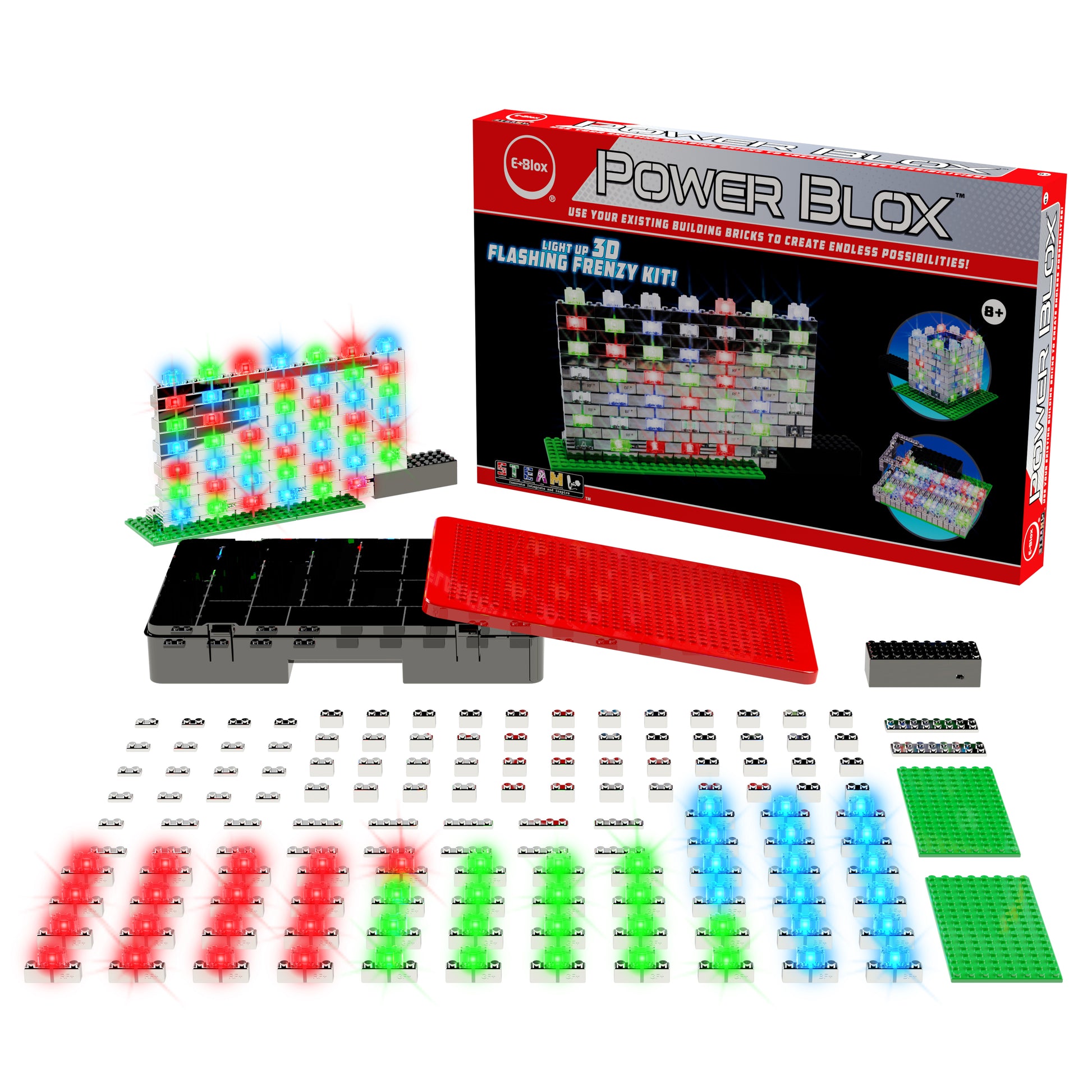 Image of the Power Blox Flashing Frenzy - E-Blox® LED Light-Up Building Blocks by E-Blox. The kit includes a variety of colored blocks, a black base grid, a red plastic cover, and a box displaying the assembled product. Utilizing patented technology and 3D circuits, the blocks light up to showcase a partially built model integrating STEM curriculum.