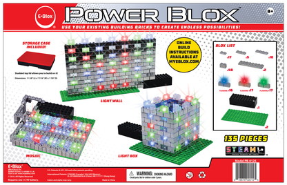 The Power Blox Flashing Frenzy - E-Blox® LED Light-Up Building Blocks kit includes packaging that showcases various builds, such as a light wall, mosaic, and lightbox, all illuminated with multicolored LEDs. The set includes a storage case and 135 pieces incorporating patented technology, along with access to online instructions. It is recommended for ages 8 and up but has a choking hazard warning for children under 3 years.