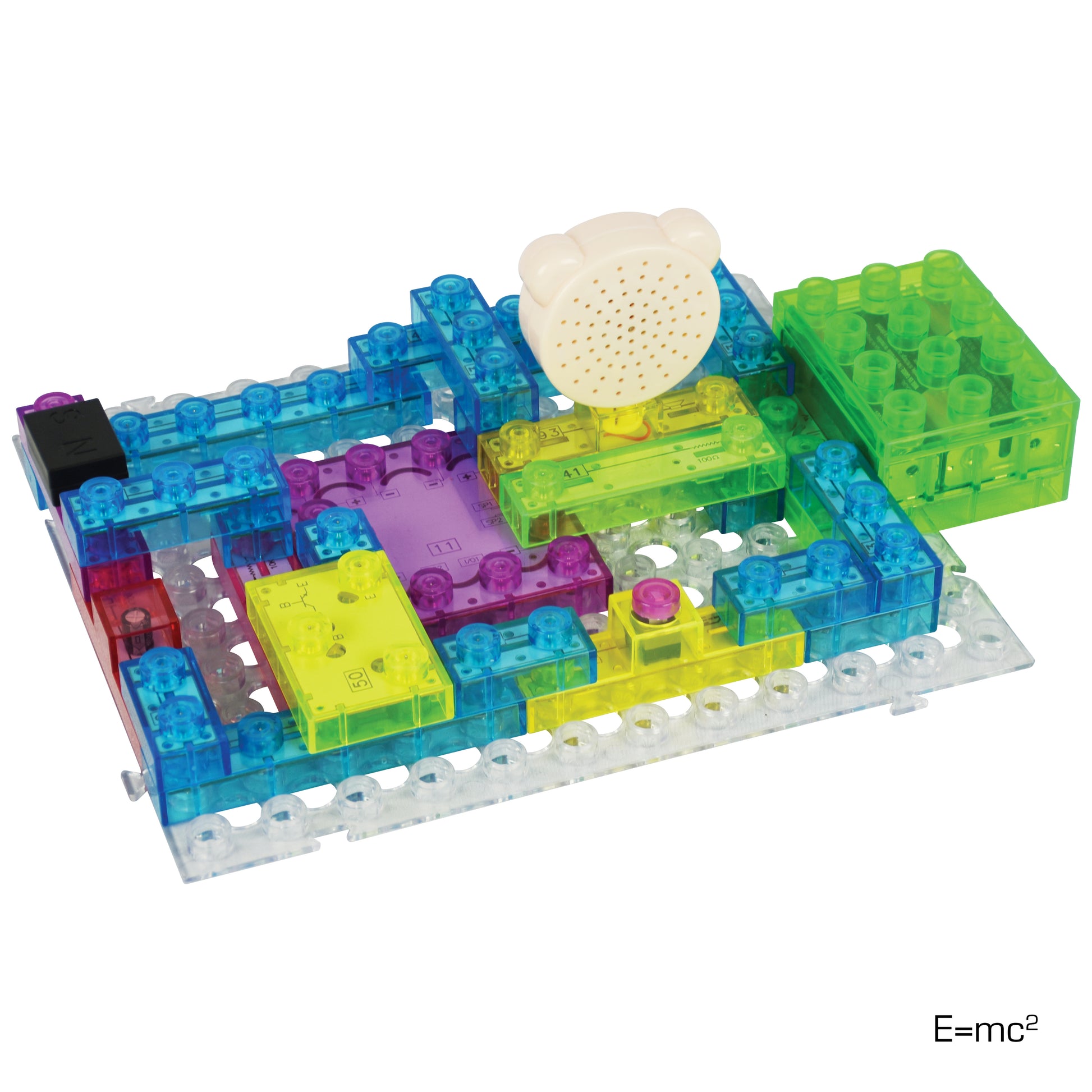 A vibrant Circuit Blox™ 395 - E-Blox® Circuit Board Building Blocks Toys for Kids set is arranged on a transparent baseplate. Various translucent bricks in green, blue, yellow, purple, orange, and black are connected with a white circular component on top. Perfect for STEM program building projects, the equation E=mc² is displayed in the bottom right corner.