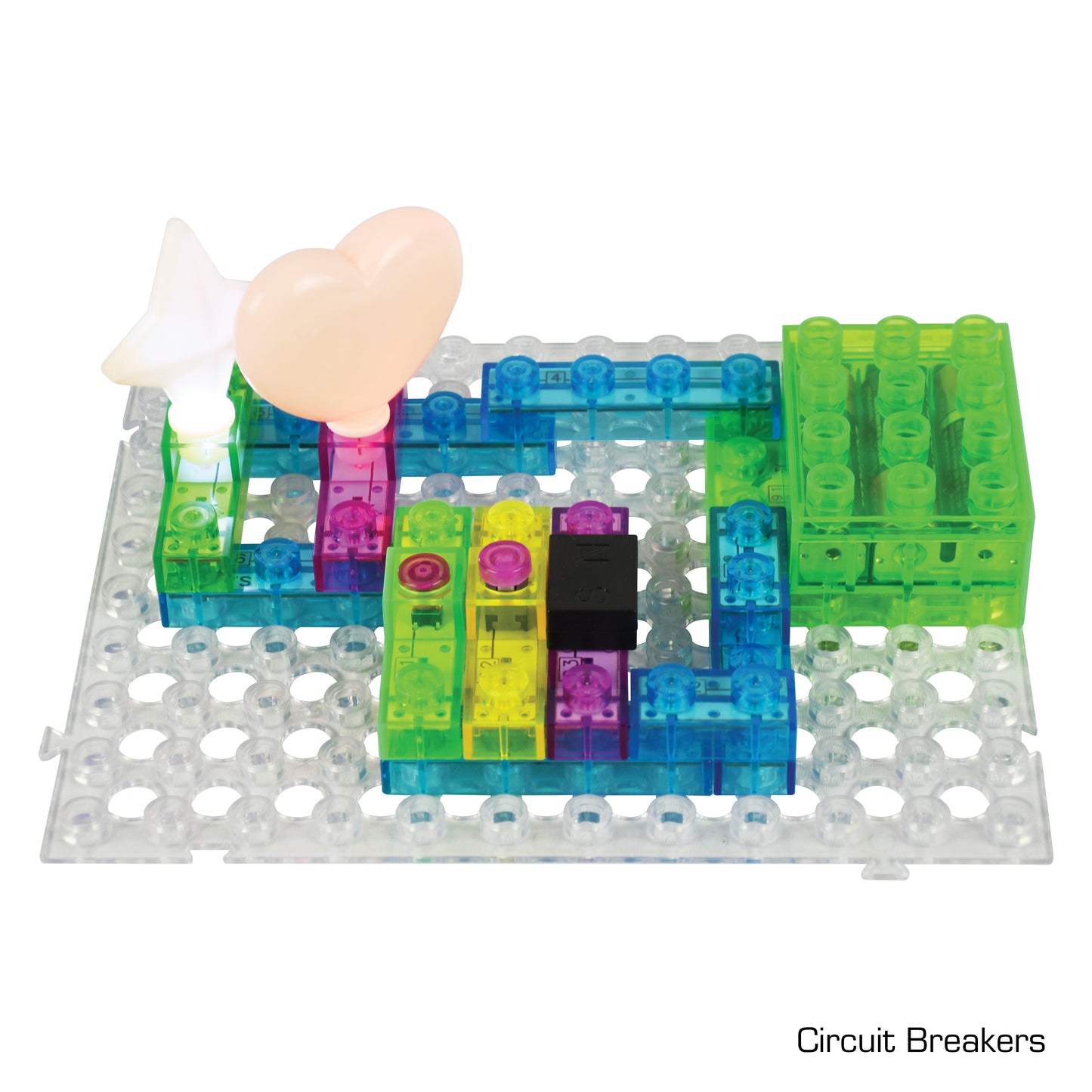 A vibrant electronic circuit project crafted on a crystal-clear plastic grid features translucent green, blue, pink, and yellow blocks arranged to create a pathway. Two uniquely shaped lights, one star and one heart, are prominently displayed on the left side. This engaging project is part of an exciting STEM program that includes building projects like an FM radio. The text "Circuit Blox™ 395 - E-Blox® Circuit Board Building Blocks Toys for Kids" by E-Blox is visible in the corner.