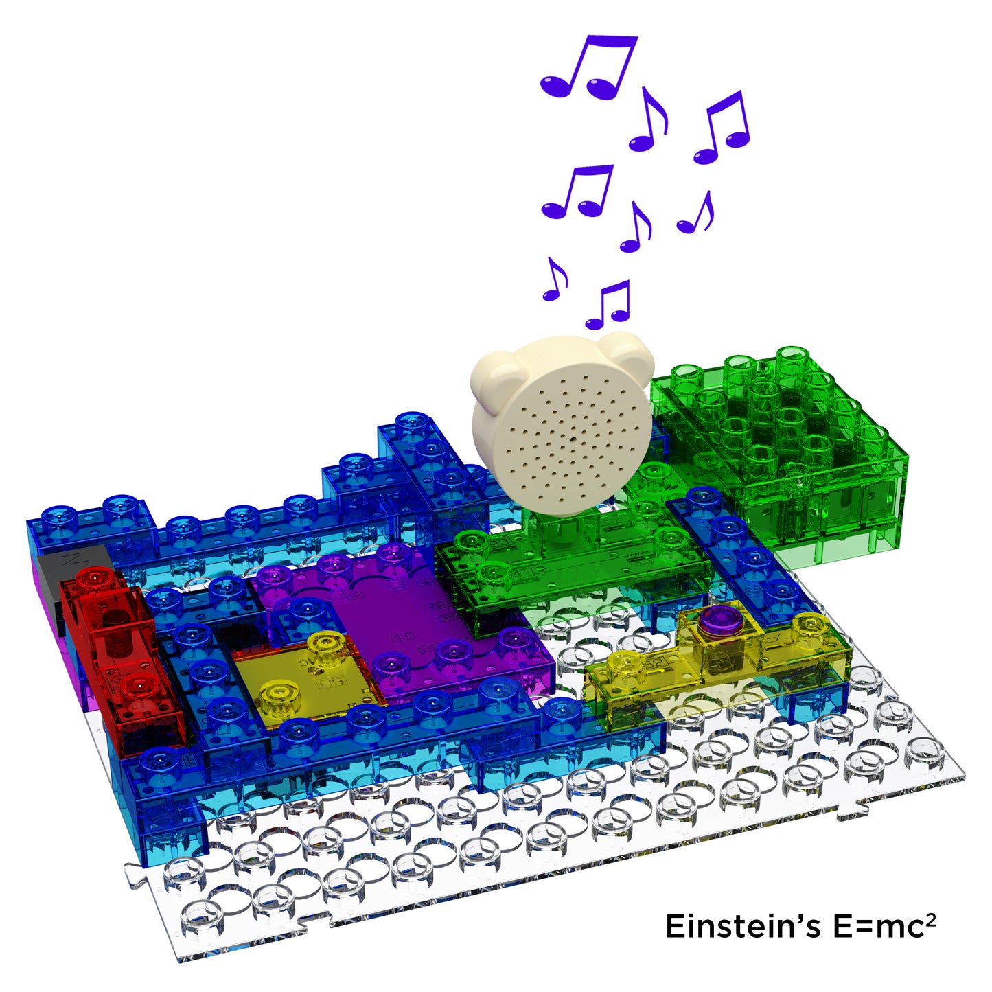 A vibrant, translucent plastic construction resembling a circuit board, featuring a white speaker that emits musical notes. Different sections are highlighted in green, yellow, purple, red, and blue colors. The text "Einstein's E=mc²" is displayed at the bottom. This set is ideal for exploring Advanced STEM Concepts with the Circuit Blox™ 395 Project Student Set by E-Blox®.