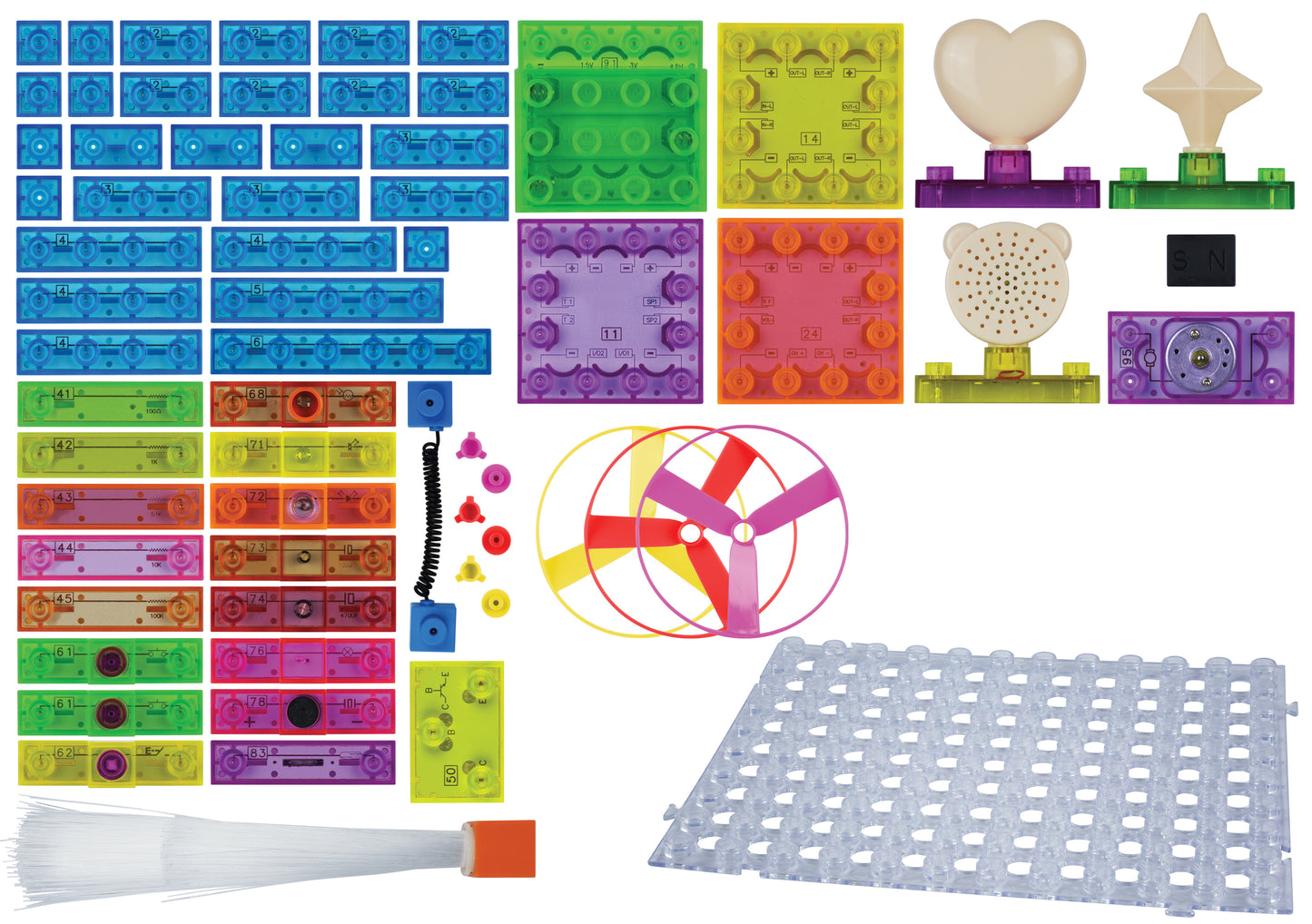 A vibrant assortment of E-Blox's Circuit Blox™ 395 building blocks and components is displayed against a pristine white background. Tailored perfectly for STEM programs, these blocks come in diverse colors including blue, green, yellow, and orange. The set features heart, star, and bear-shaped pieces alongside an FM radio unit, propeller parts, a brush, and a perforated base plate.