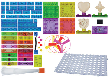 A vibrant assortment of E-Blox's Circuit Blox™ 395 building blocks and components is displayed against a pristine white background. Tailored perfectly for STEM programs, these blocks come in diverse colors including blue, green, yellow, and orange. The set features heart, star, and bear-shaped pieces alongside an FM radio unit, propeller parts, a brush, and a perforated base plate.