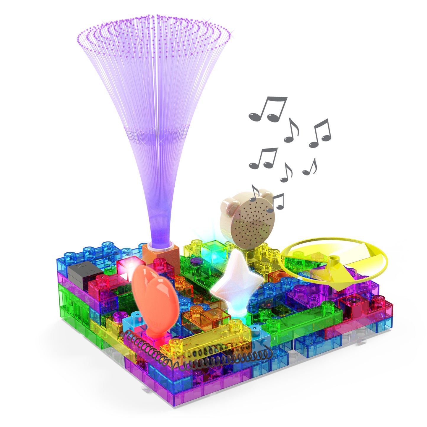 The Circuit Blox™ 395 by E-Blox is an educational toy set featuring colorful, translucent blocks with various interactive elements, including a fiber optic light display, an FM radio emitting musical notes, a spinning disk, and a small fan on a multicolored baseplate — perfect for building projects.