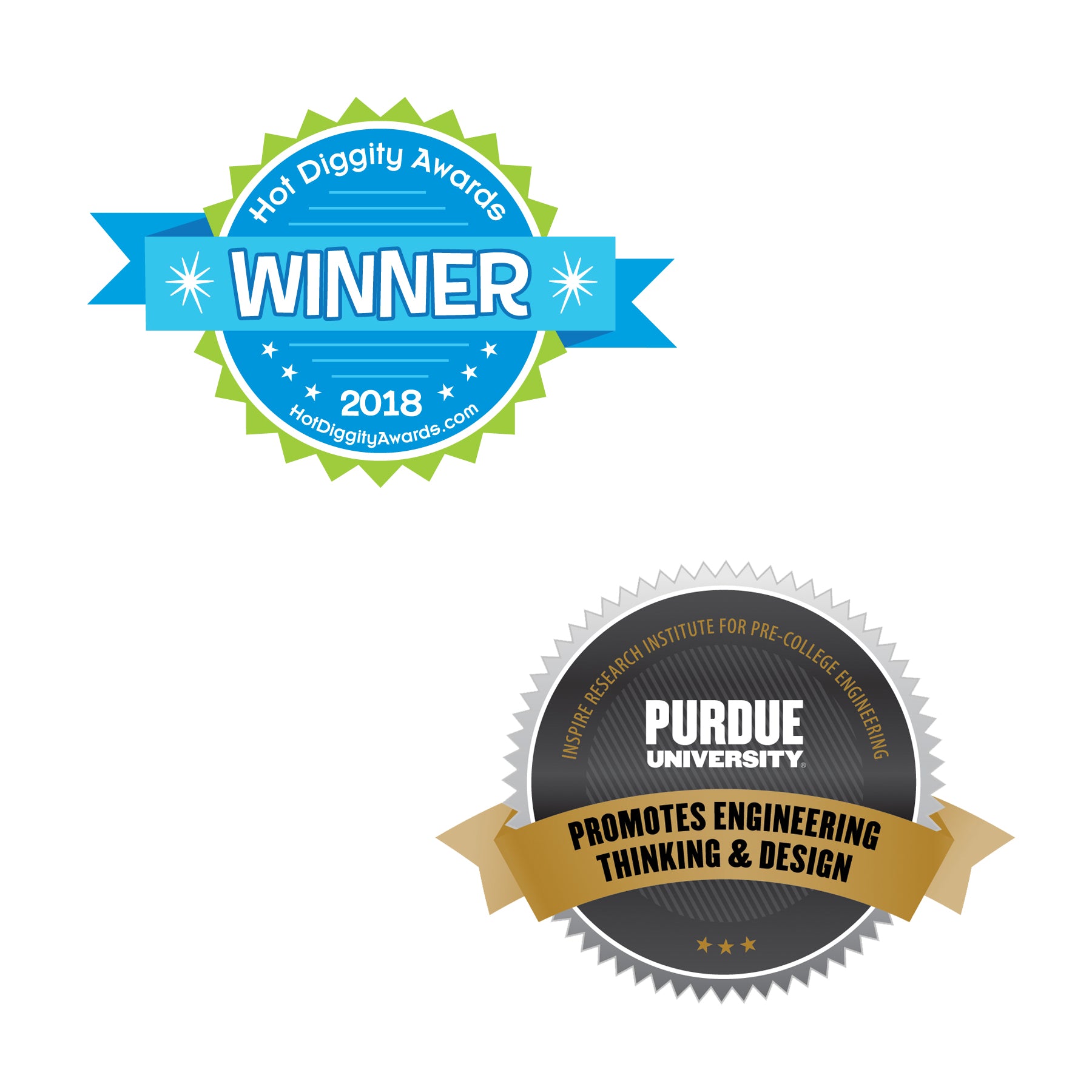 The Circuit Blox™ 395 by E-Blox boasts two award badges. The first badge is blue with the text "Hot Diggity Awards WINNER 2018 HotDiggityAwards.com" in the center. The second badge, celebrating a STEM program, is gray with a gold ribbon and the text "Purdue University Promotes Engineering Thinking & Design" in the center.