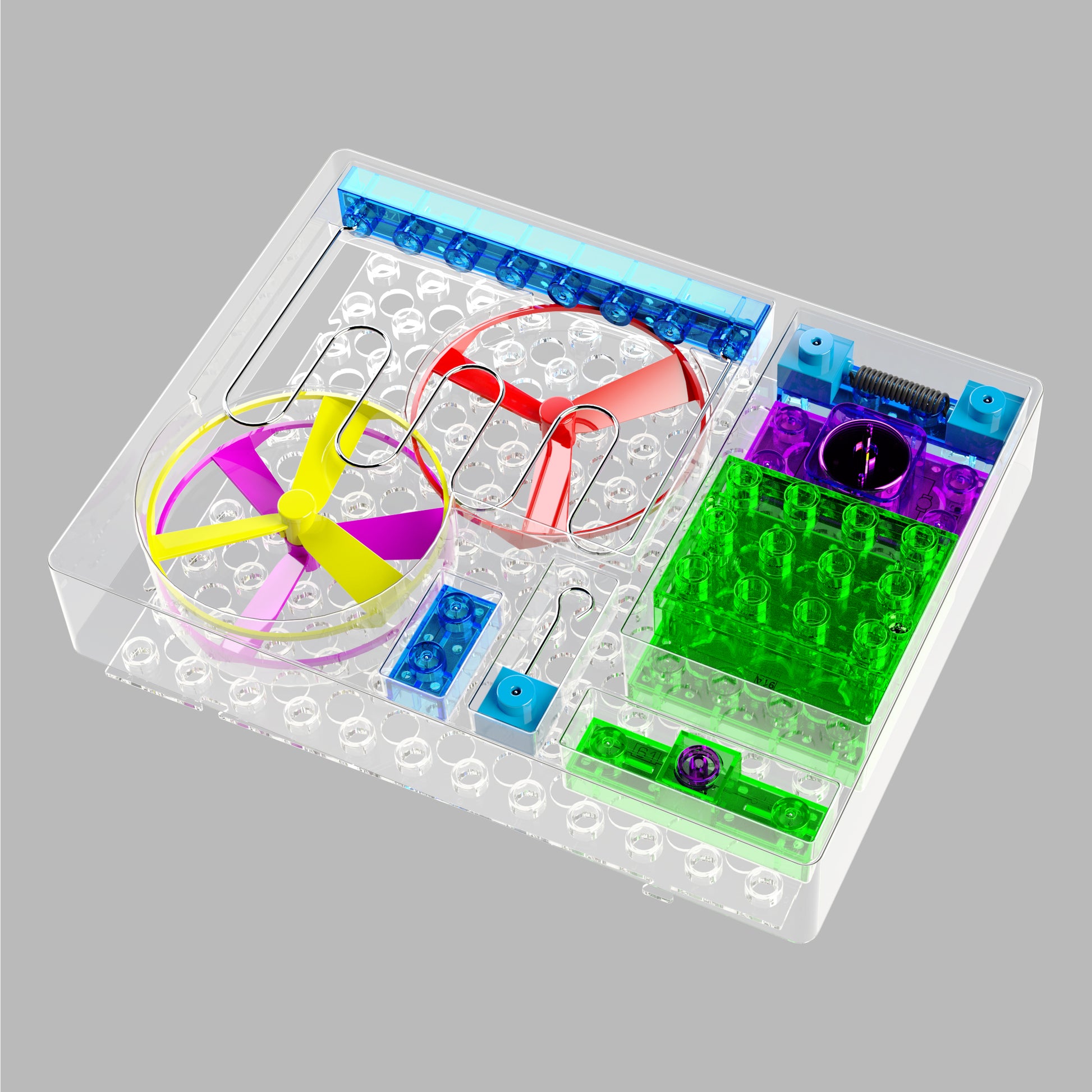 Fan launch challenge parts in plastic tray