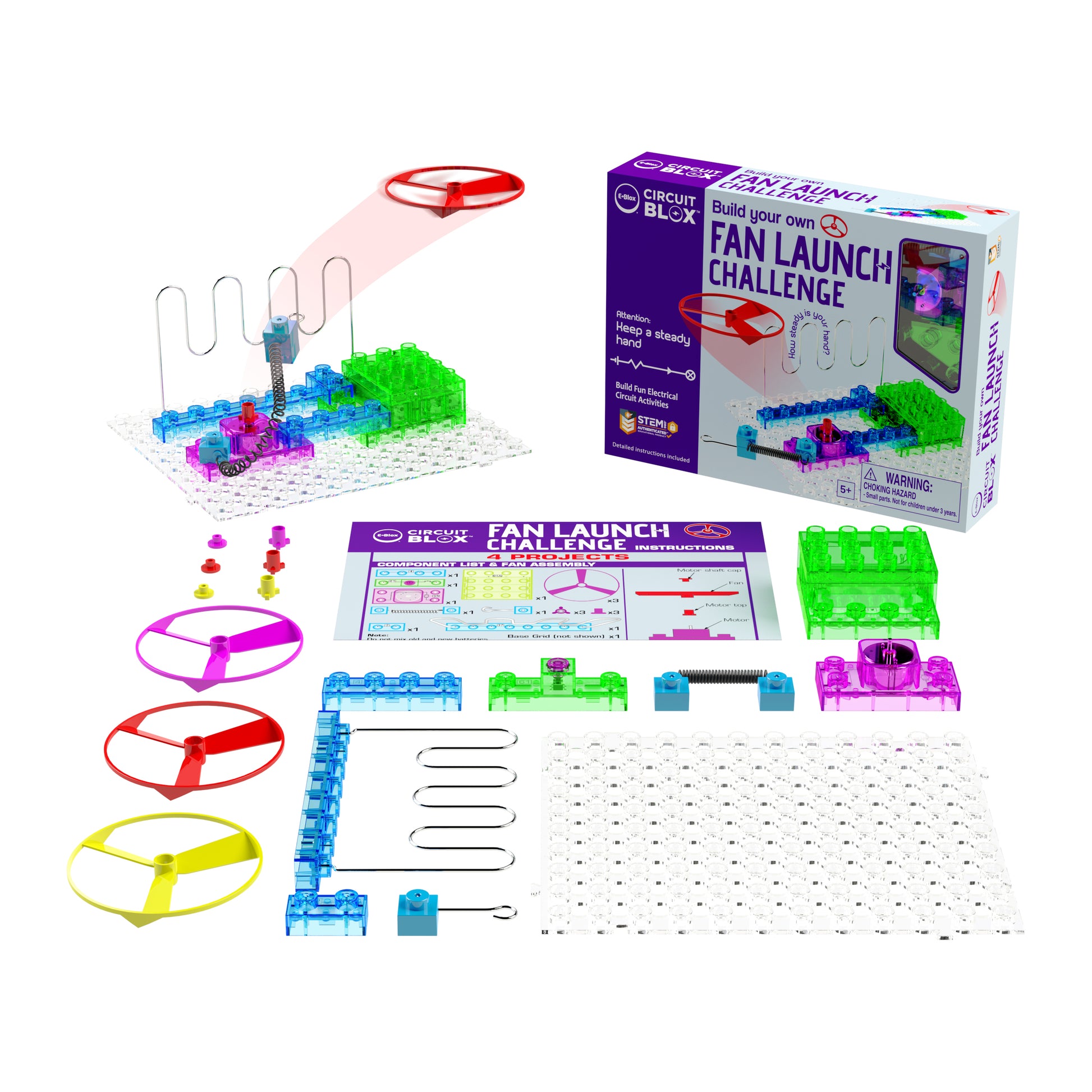 Fan Launch Challenge retail box with parts laid out in front and built circuit to the side with fan flying in the air