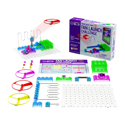 Fan Launch Challenge retail box with parts laid out in front and built circuit to the side with fan flying in the air