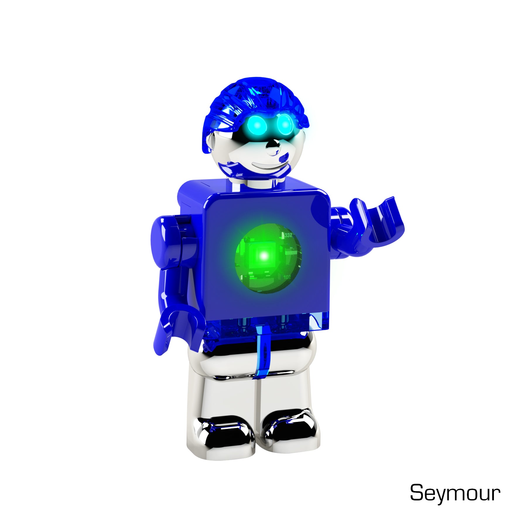 A blue humanoid robot toy with a shiny metallic finish is shown. It has a green glowing circular element on its chest and is wearing a helmet with a visor. The toy's right hand is raised. The name "LUMEN®- Seymour - Illuminated Mini Figure" from the E-Blox, Inc. Mini PowerFigure™ series is written at the bottom right of the image.