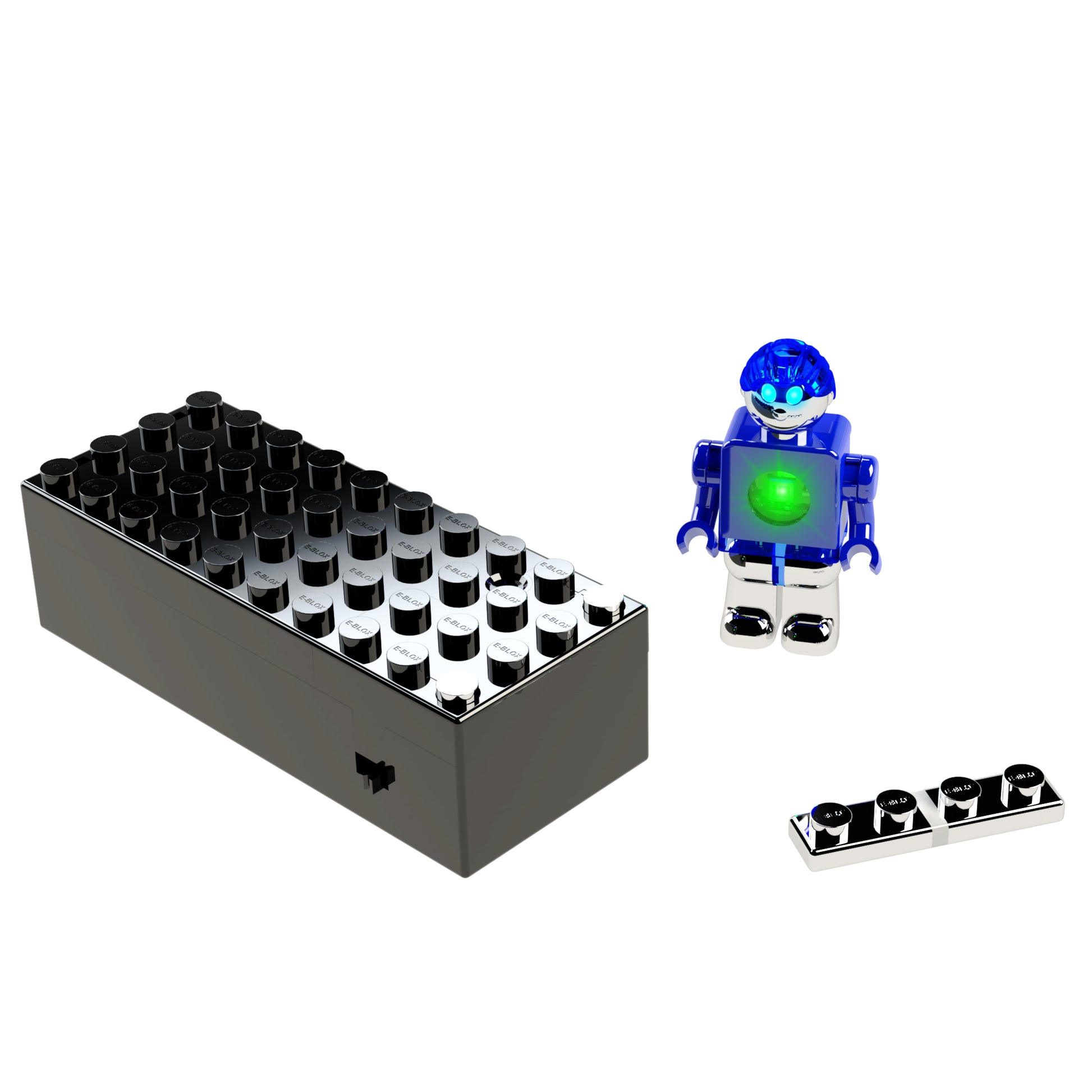 Image of the LUMEN®- Seymour - Illuminated Mini Figure by E-Blox, Inc., featuring a blue head and clear body parts, standing next to a black rectangular block resembling a large LEGO piece and a smaller Story Blox™ piece. The figure’s chest emits a glowing green light.