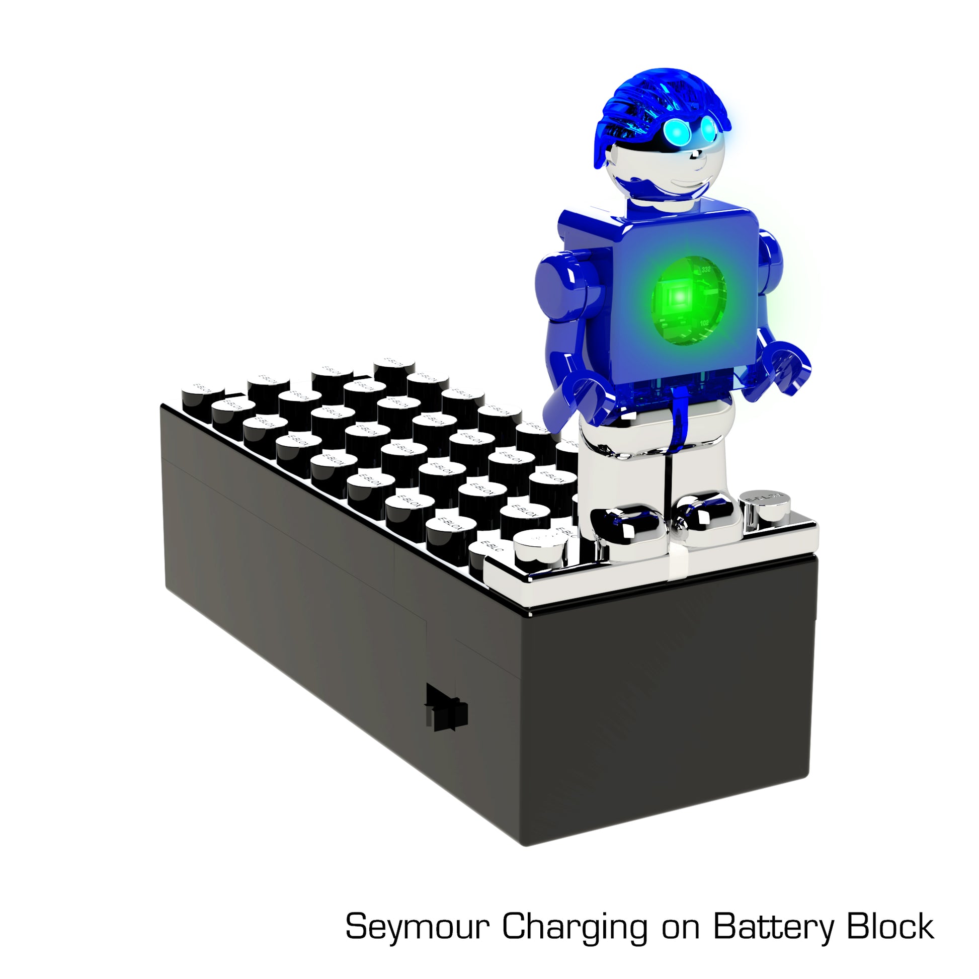 A small blue robotic figure with a green glowing light on its chest, named Seymour, stands on a black rectangular block resembling a battery charging station. Text at the bottom reads, "LUMEN®- Seymour - Illuminated Mini Figure Charging on Story Blox™ by E-Blox, Inc.