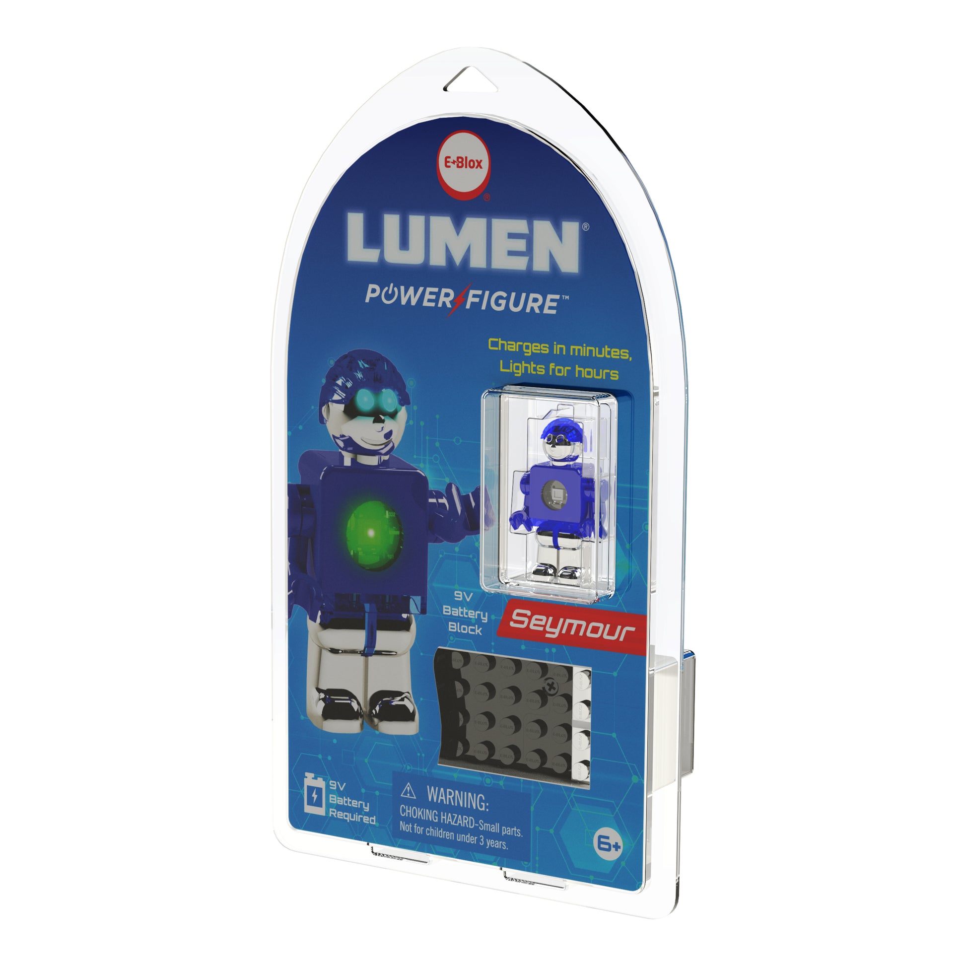 The LUMEN®- Seymour - Illuminated Mini Figure by E-Blox, Inc., part of the Story Blox™ series, features a blue and silver humanoid robot with a glowing green chest. The packaging includes a 5V battery block and a small warning label. Suitable for children aged 8 and older, this Mini PowerFigure™ promises hours of imaginative fun.