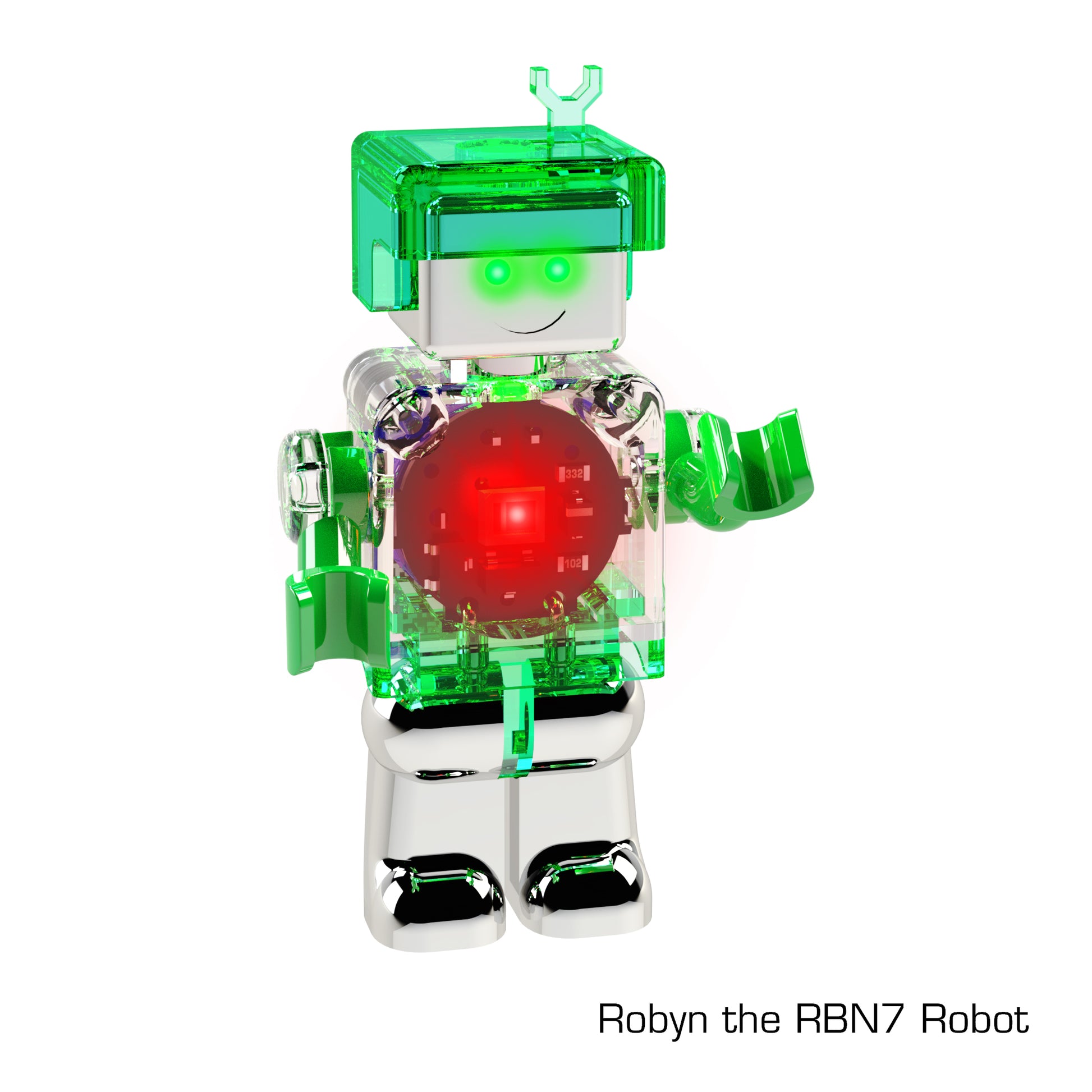 A green and silver robot with a visible red light in its torso and an antenna on its head stands upright. The robot, part of the LUMEN® - Robyn- Illuminated Mini Figure collection by E-Blox, Inc., has a smiling face and appears to be waving. Text at the bottom right corner reads, "Robyn the RBN7 Robot.