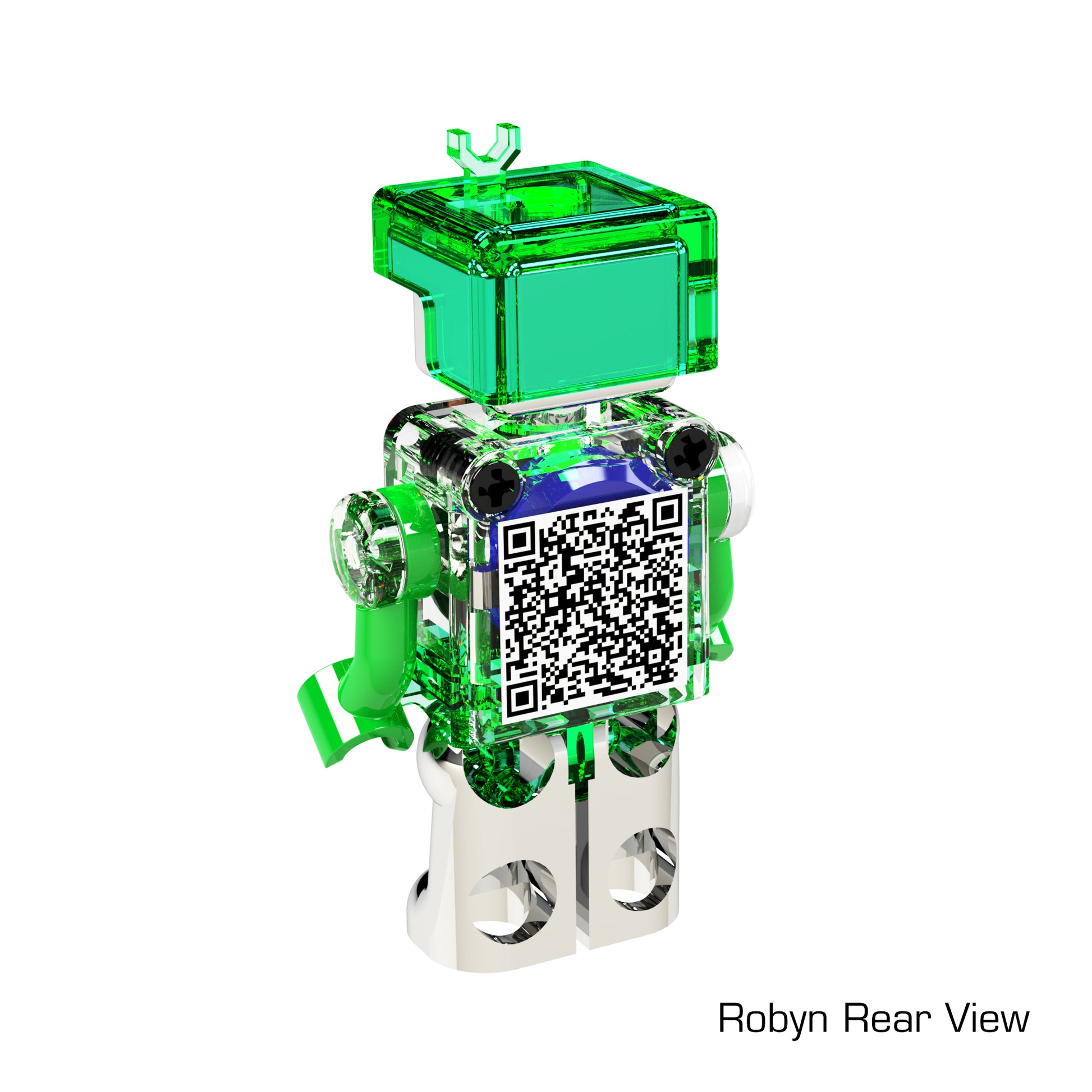 A transparent green plastic robot figure with white legs, displaying a QR code on its back. The figure is shown from the rear. The text "Robyn Rear View" is written in the bottom right corner. This LUMEN®- Robyn- Illuminated Mini Figure from E-Blox, Inc. adds a futuristic touch to your collection.