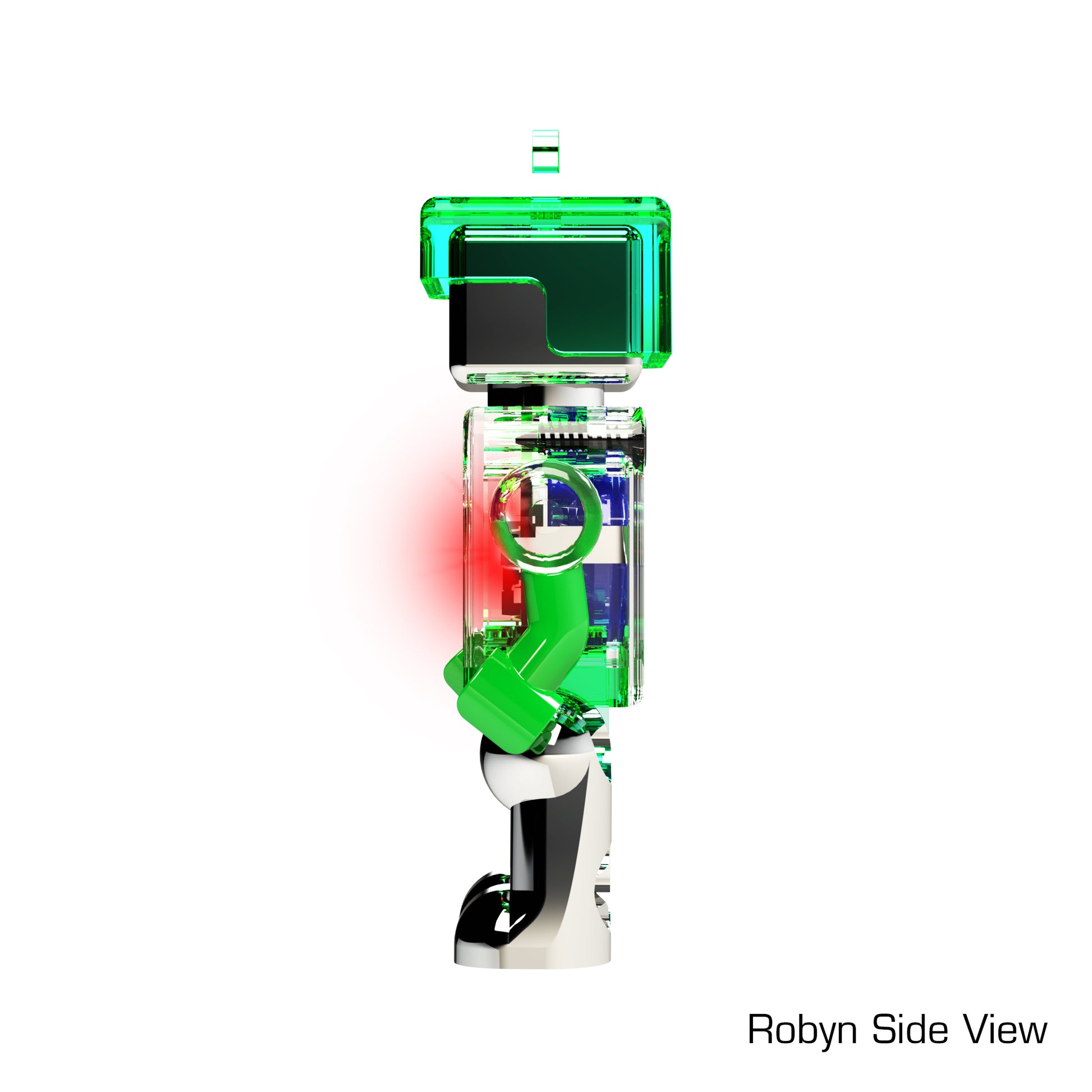 A clear, green, and white robotic figure stands in profile against a white background. The LUMEN®- Robyn- Illuminated Mini Figure by E-Blox, Inc. features a transparent head and torso with a green arm. A red light emanates from its chest or arm area. Text in the bottom right corner reads "Robyn Side View—LUMEN® by Story Blox™.