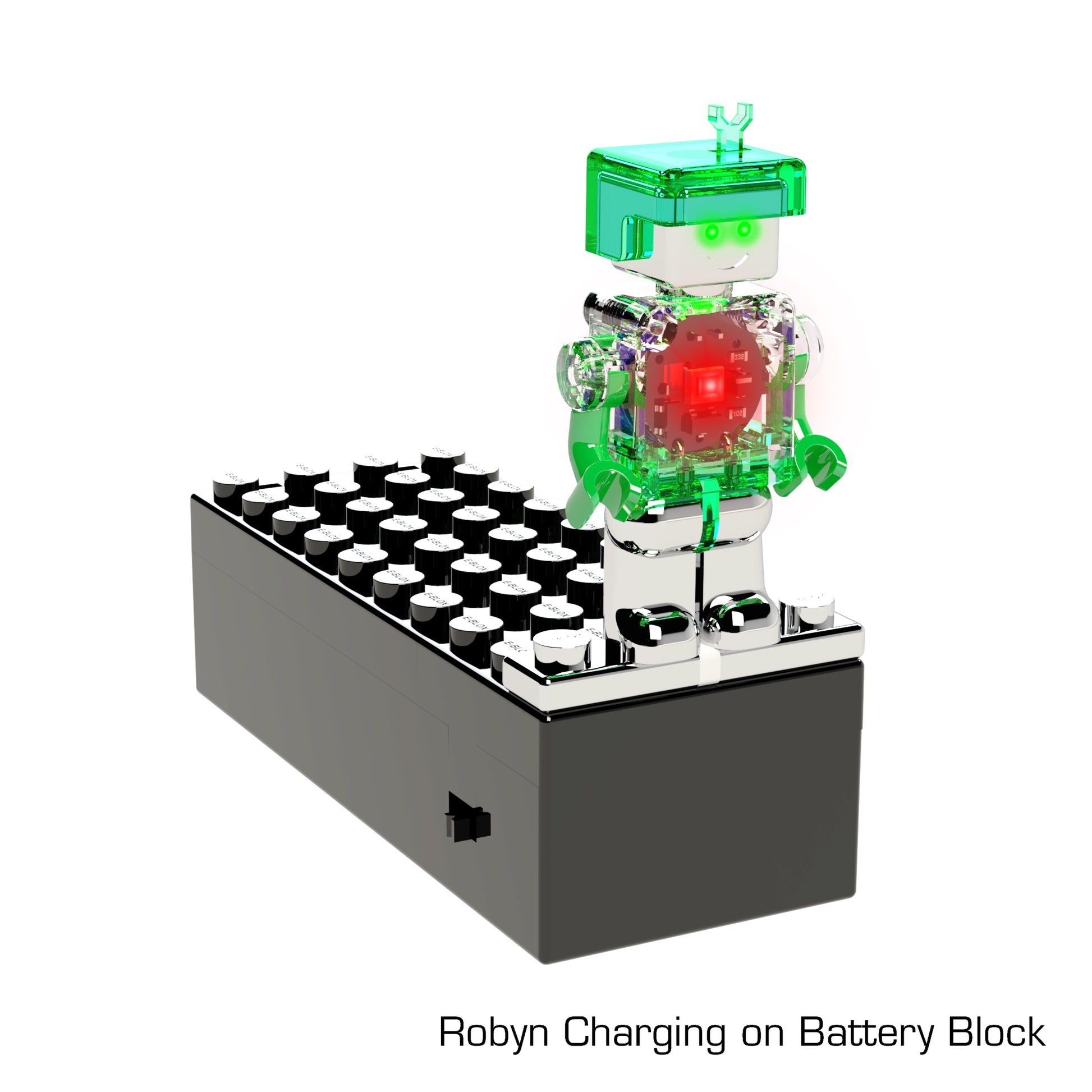 A green transparent robotic figure stands on a black battery block, with a red light glowing in its chest. The text "LUMEN®- Robyn- Illuminated Mini Figure" is displayed at the bottom right, brought to you by E-Blox, Inc., as part of the Story Blox™ series.