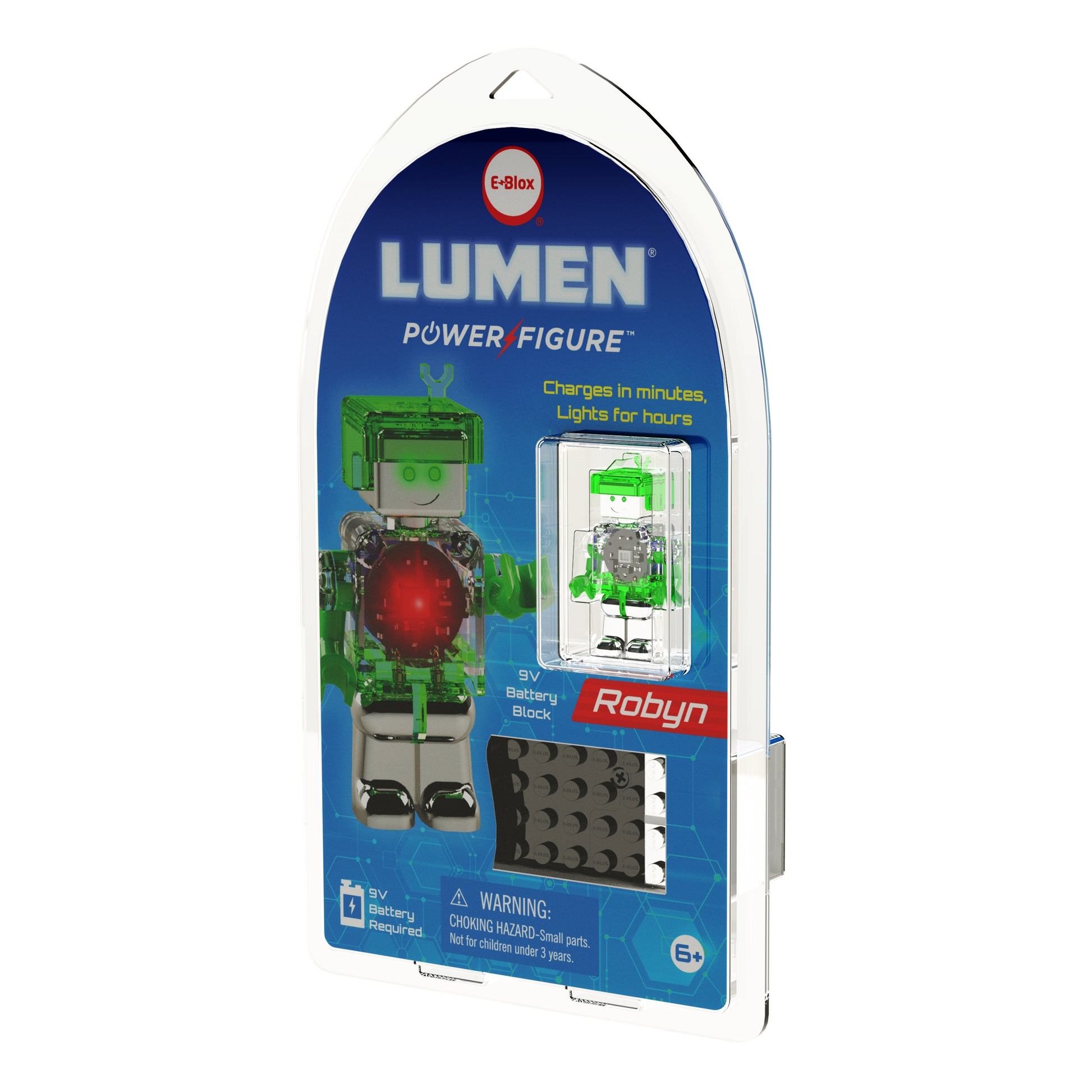 Packaging of the LUMEN®- Robyn- Illuminated Mini Figure by E-Blox, Inc. The figure, named Robyn, features a silver and green design with a red light feature. The package includes a 9V battery block and displays a warning for choking hazards. Suitable for ages 8 and up.