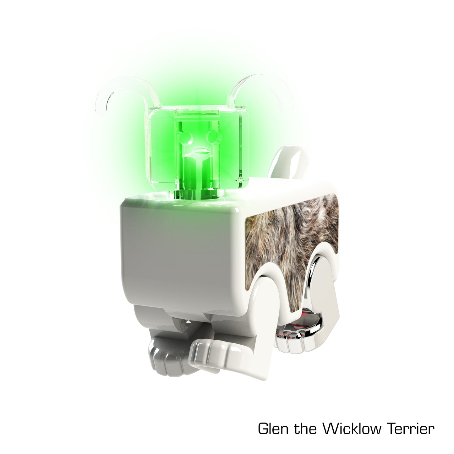 The LUMEN®- Glen- Illuminated Mini Figure by E-Blox, Inc., a toy robot resembling a small terrier dog, features a boxy, white body topped with a cylindrical, glowing green LUMEN component. Its sides boast fur-textured decorations and it stands on four chunky, articulated legs. Glen is part of the Mini PowerFigure™ series.