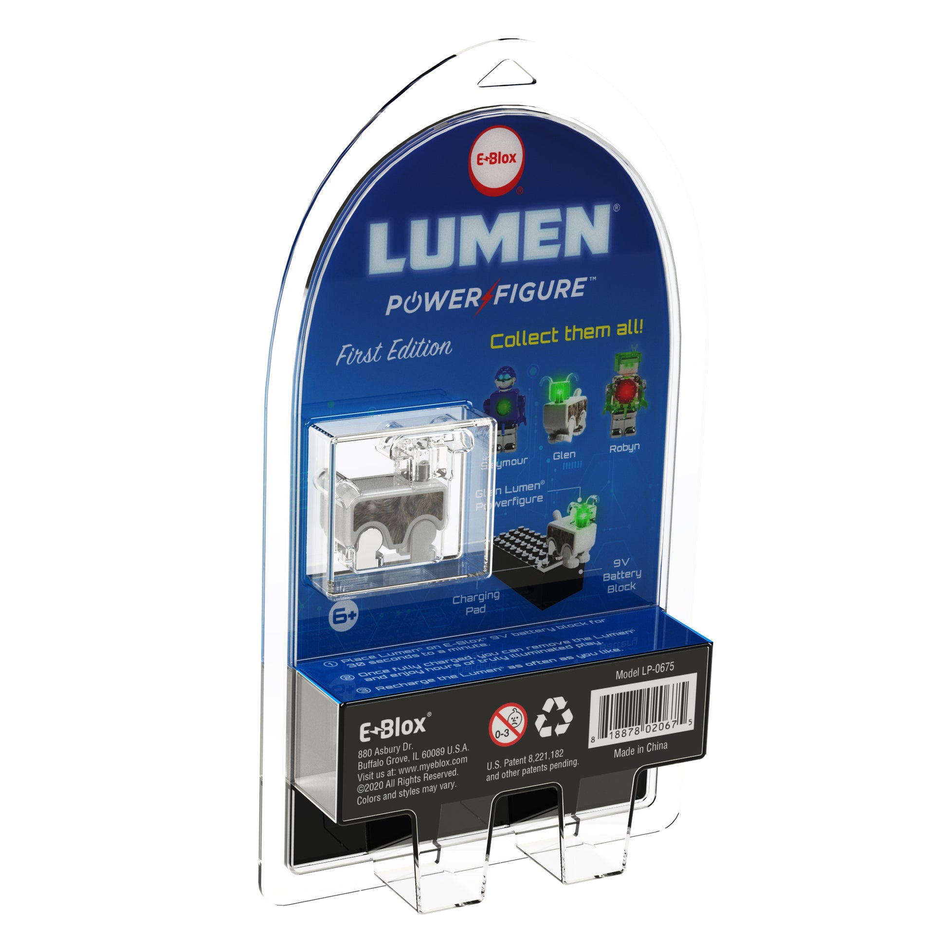 Packaging for the E-Blox, Inc. LUMEN®- Glen- Illuminated Mini Figure, First Edition. The blister pack displays the assembled figure inside and highlights features such as a charging pad and LED illumination. Collectible figures are featured on the back along with Story Blox™ series details. Suitable for ages 6+.