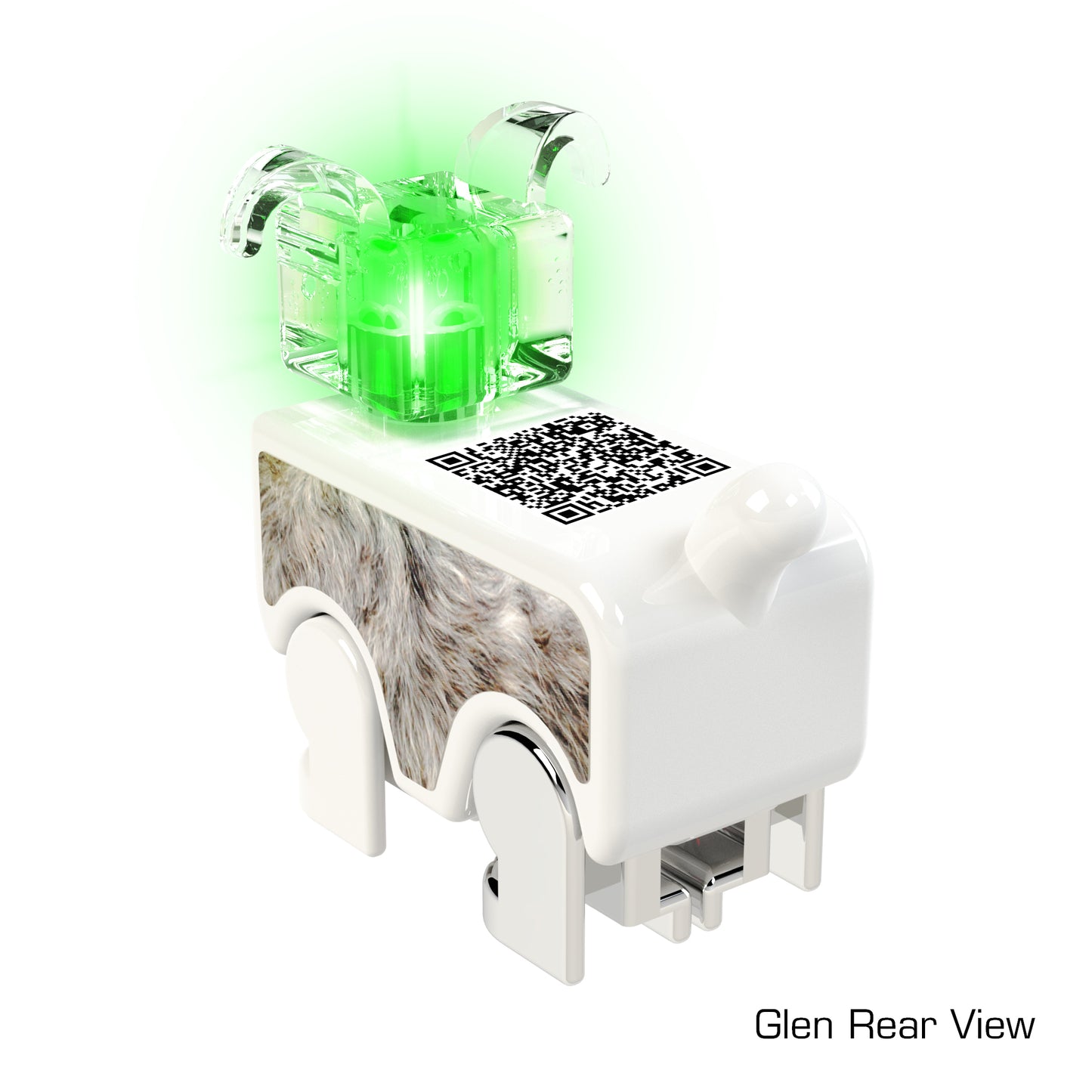 A small, white LUMEN®- Glen- Illuminated Mini Figure by E-Blox, Inc. features a QR code on its back. This electronic device has glowing green LUMEN lights on top and is positioned on what appear to be four legs. The text "Glen Rear View" is present in the bottom right corner.