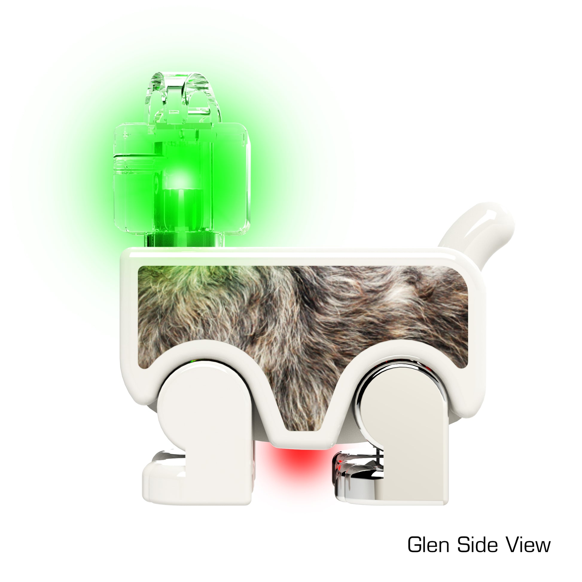 A small LUMEN®- Glen- Illuminated Mini Figure by E-Blox, Inc. features a sleek white body, a green glowing transparent head, and stands on four legs. The realistic fur texture of the dog's body is complemented by a red light glowing from its underside, capturing the charm of this mini power figure. "Glen Side View" text is positioned in the bottom right corner.