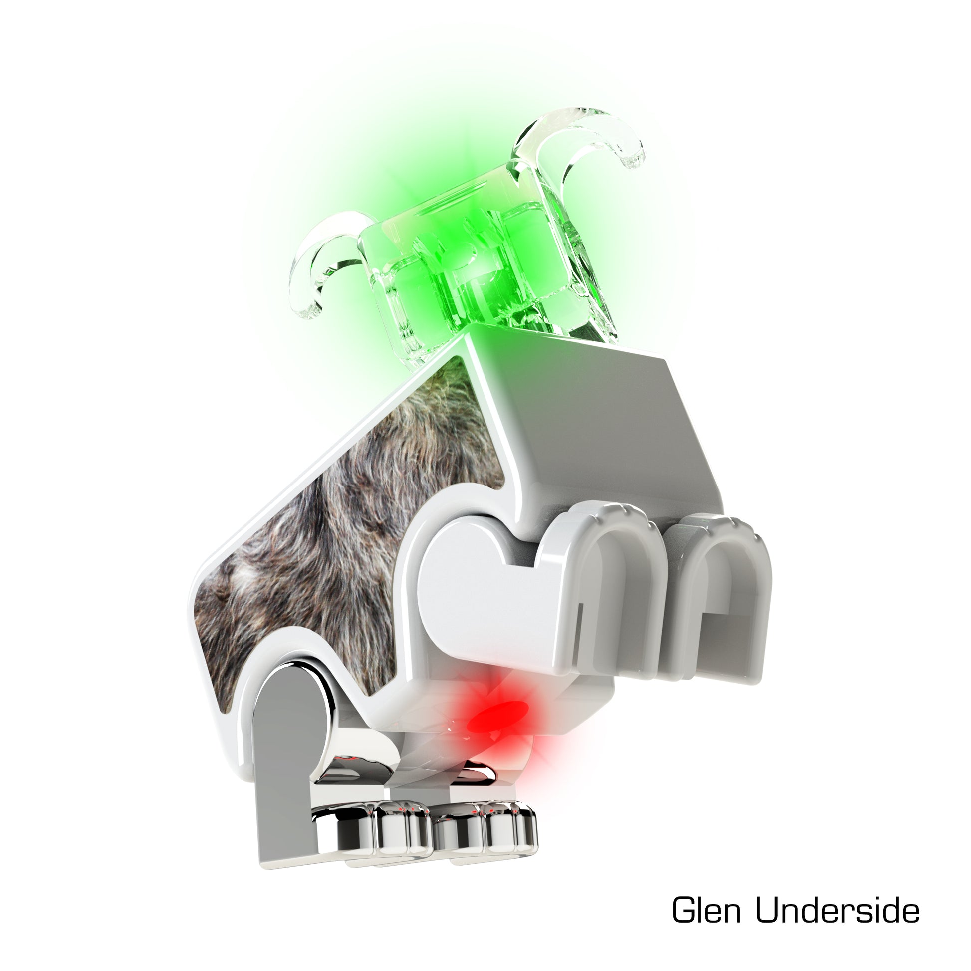 A compact, dog-shaped robot featuring a gray furry texture on its sides, transparent ears, and green and red lights on top and bottom. This LUMEN®- Glen- Illuminated Mini Figure by E-Blox, Inc. is depicted against a plain white background. Text at the bottom right corner reads "Glen Underside.