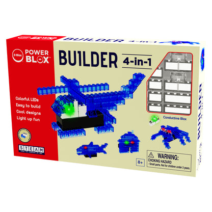 A product box for the Power Blox™ Builder 4-in-1 - E-Blox® - LED Light-Up Building Blocks. The predominantly yellow box features a helicopter constructed from blue translucent blocks and highlights colorful LEDs, easy-to-build 3D light-up structures, exciting designs, and light-up fun. This STEAM product by E-Blox is suitable for ages 8 and up.