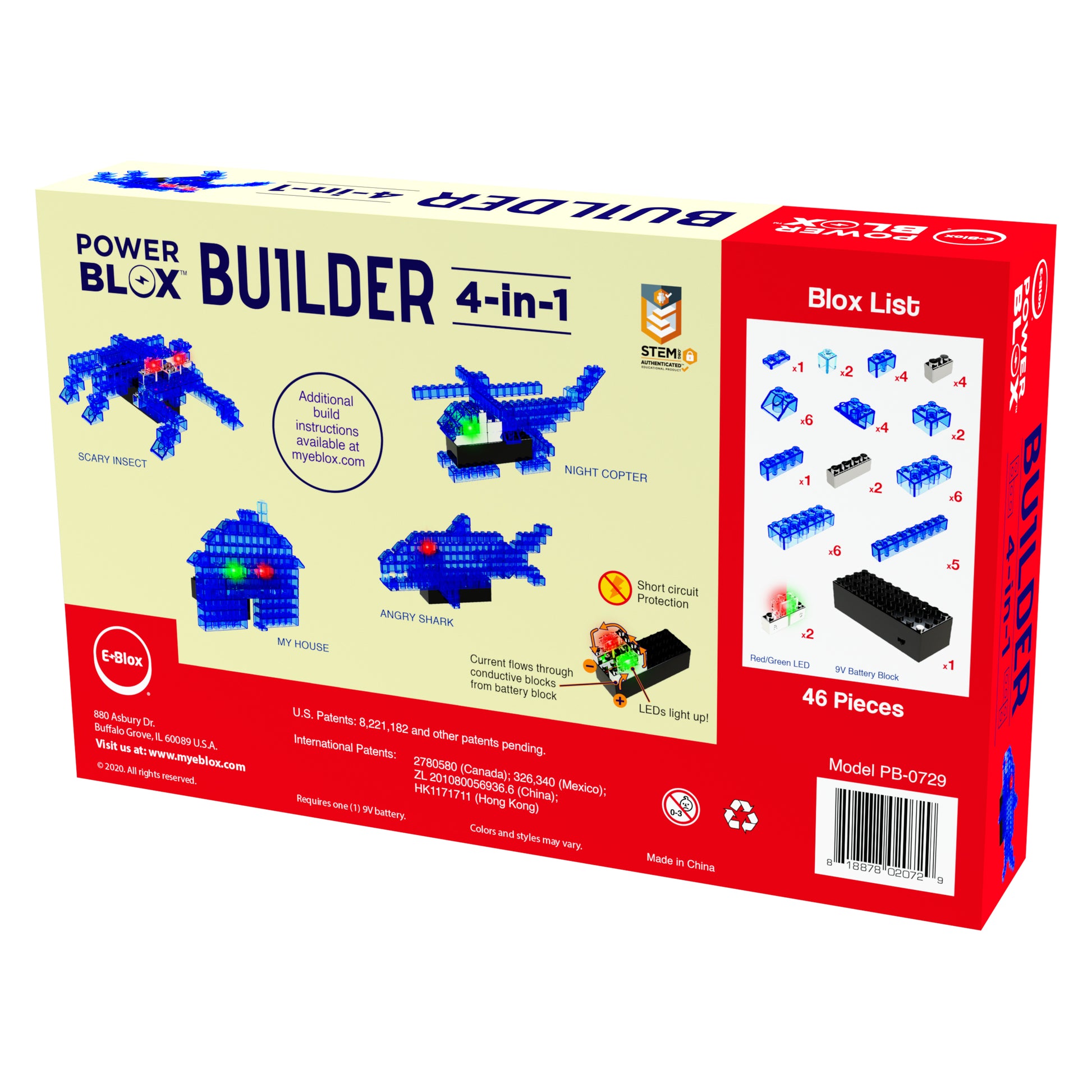 Box of E-Blox Power Blox™ Builder 4-in-1 set featuring 46 pieces and four build possibilities: Scary Insect, Night Copter, My House, and Angry Shark. This STEAM product with the unit number PB-0729 includes education accolades and a power circuit icon. Instructions for creating 3D light-up structures are provided on the side.