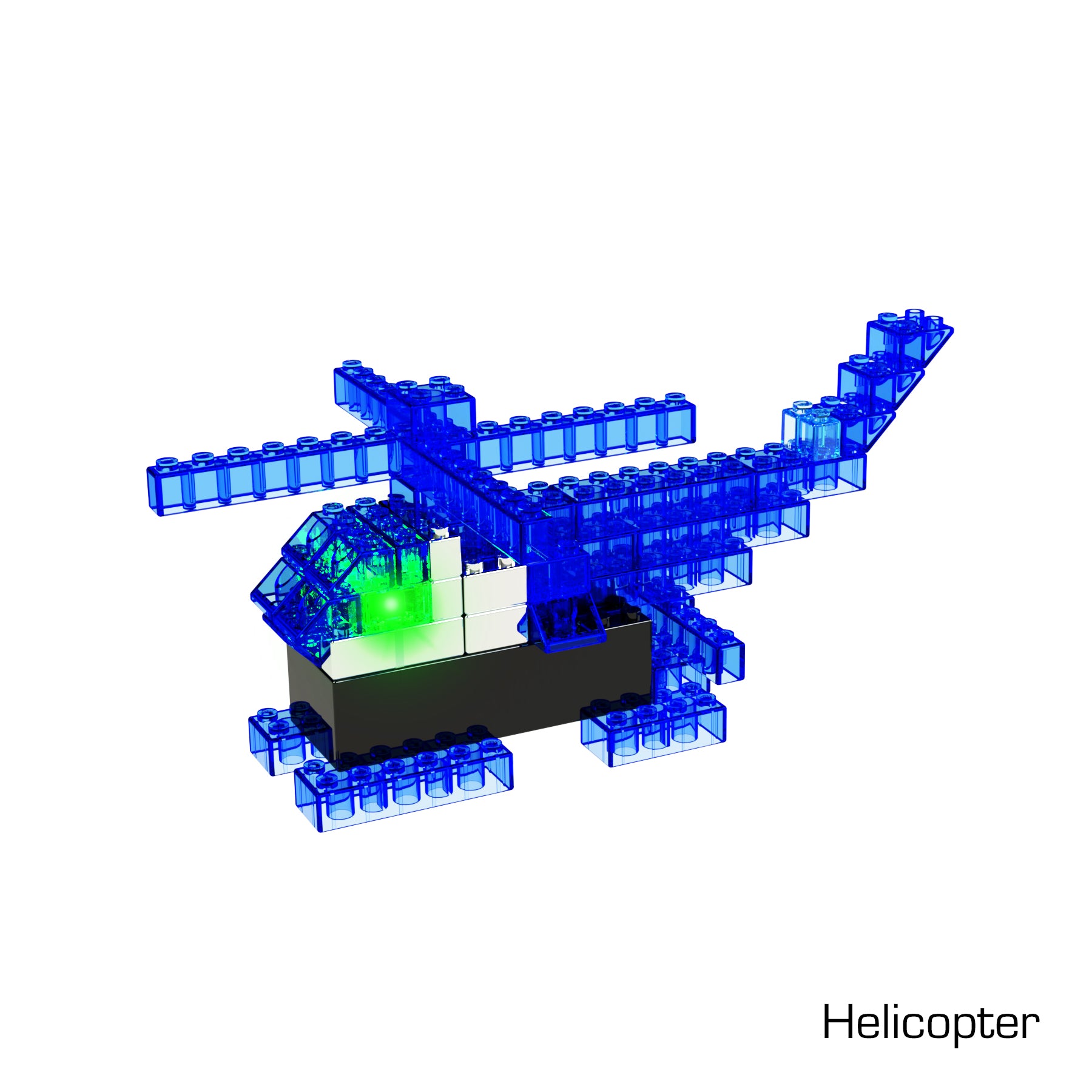 A blue and black toy helicopter built from transparent interlocking building blocks is showcased on a white background. This helicopter, part of the Power Blox™ Builder 4-in-1 series from E-Blox®, features a green LED light inside the cockpit area. As one of the 3D light-up structures, "Helicopter" is written in black at the bottom right corner.