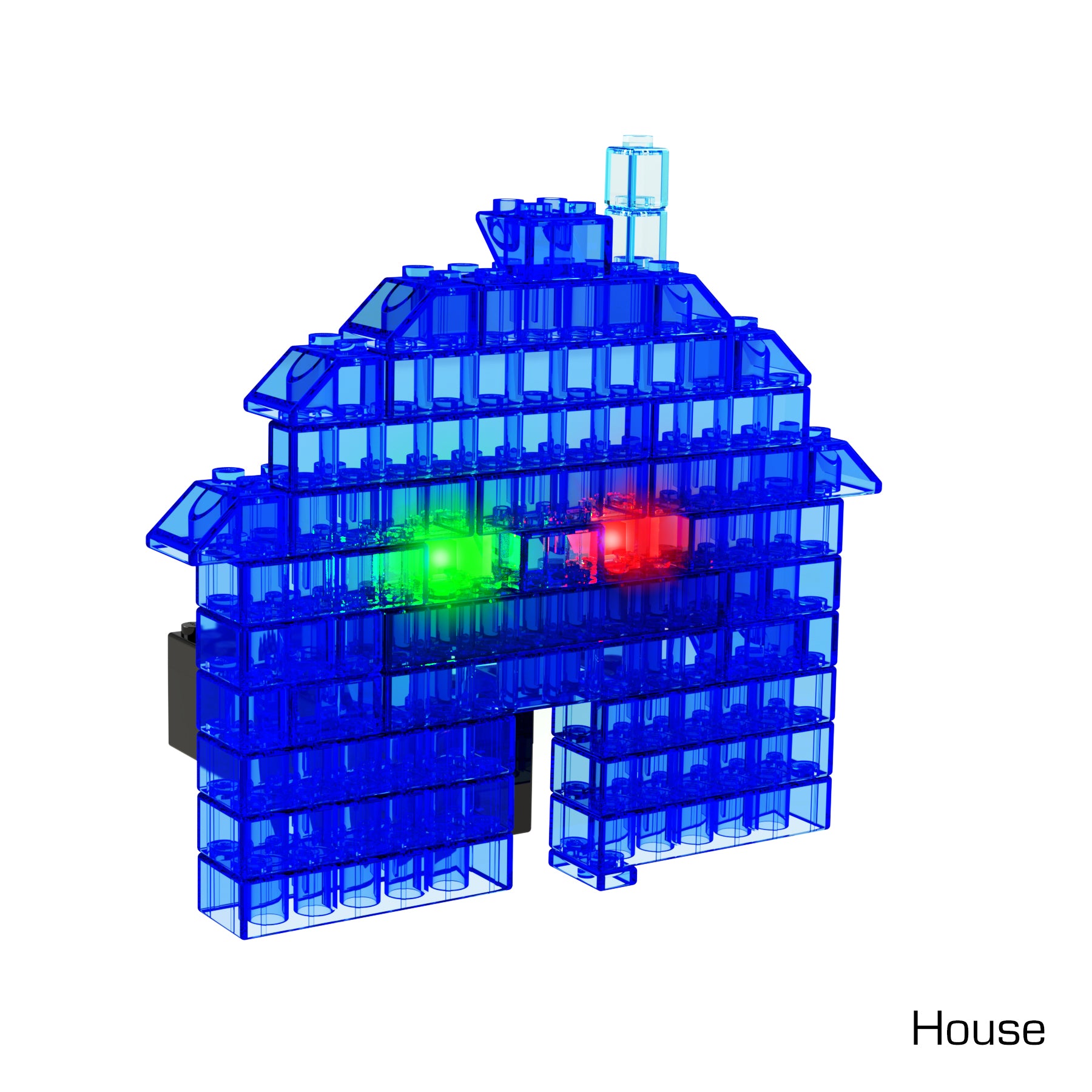 This engaging STEAM product, the Power Blox™ Builder 4-in-1 from E-Blox®, features a model house constructed from blue translucent building bricks, resembling 3D light-up structures. It includes two embedded LED lights—one green and one red—that illuminate the house from within. The word "House" is written in the bottom right corner, perfect for inspiring creative minds.