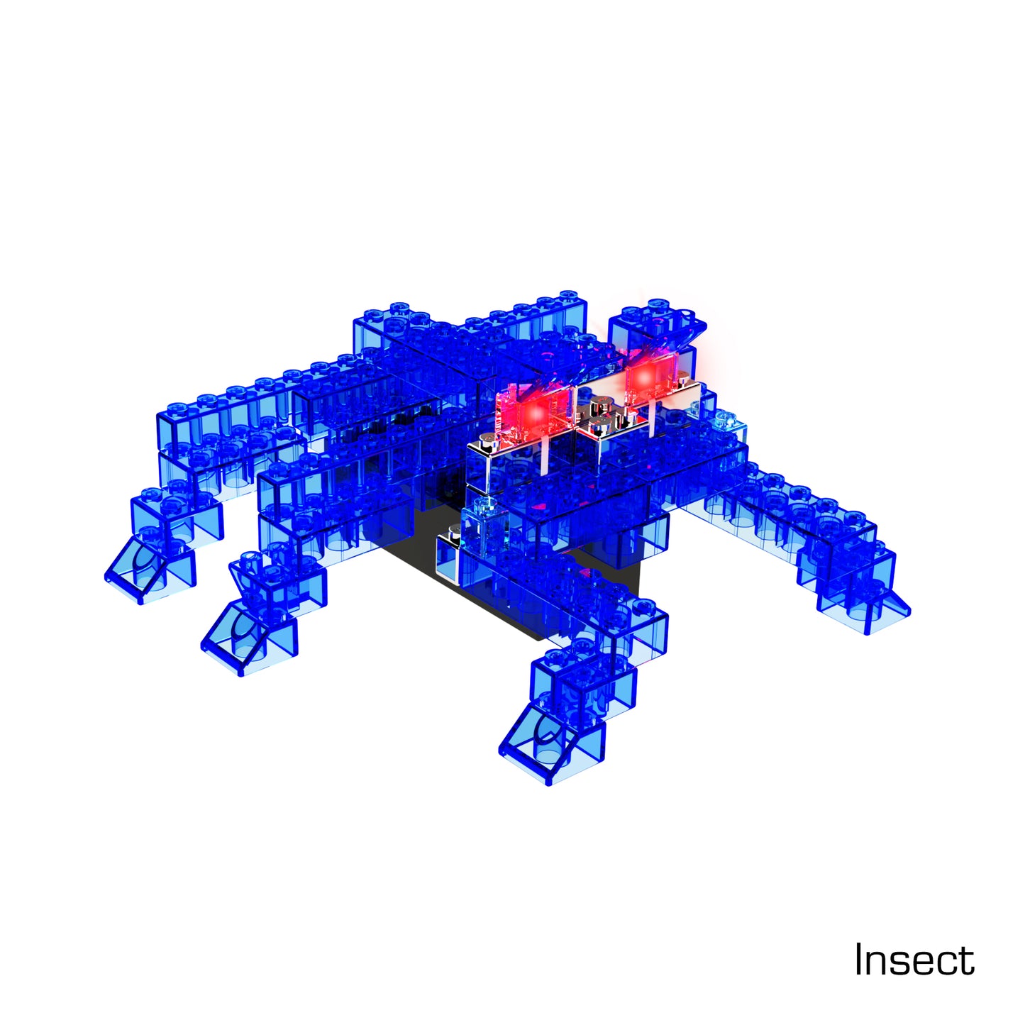 A blue, insect-like robotic structure composed of interlocking modular pieces sits on a white background. Red lights integrated into its design highlight the creativity of E-Blox. The word "Insect" is written in the lower right corner, emphasizing this innovative STEAM product from Power Blox™ Builder 4-in-1 - E-Blox® - LED Light-Up Building Blocks.