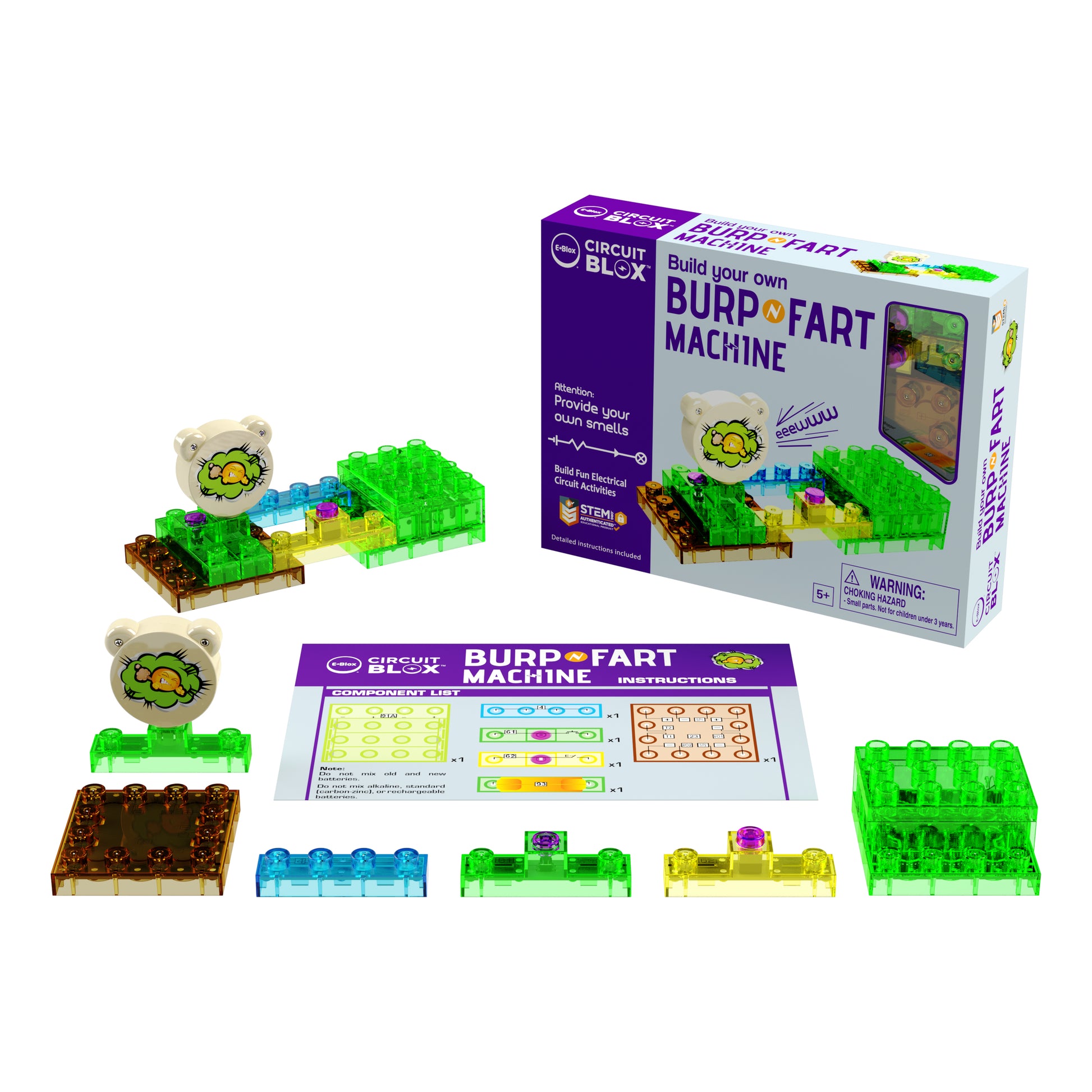 Burp and Fart machine in packaging with parts laid out in front and complete built circuit on the side