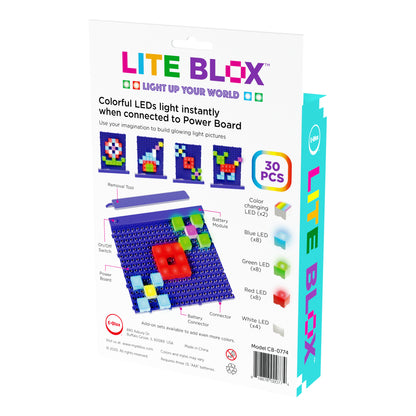 An image of the Lite Blox - Light up your world! product box from E-Blox, Inc. The primarily white box features colorful text and graphics that highlight an LED Blox design on a blue pegboard. It advertises 30 pieces with colorful LEDs and includes a removal tool, battery module, and power board for creating vibrant light pictures.