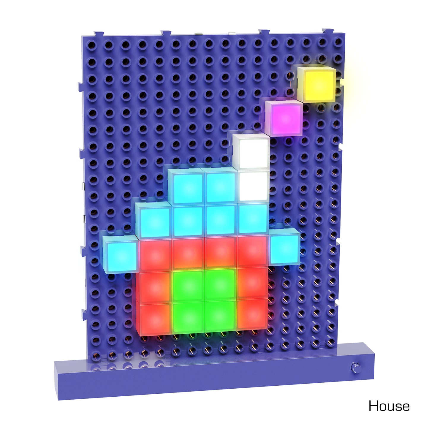 A blue Lite Blox pegboard with colorful light-up squares forming a pixel art image resembling a house. The house shape features blue, red, green, white, yellow, and purple squares. The pegboard is upright on a blue base labeled "House," showcasing the versatility of E-Blox, Inc.'s Lite Blox for creating vivid light pictures.