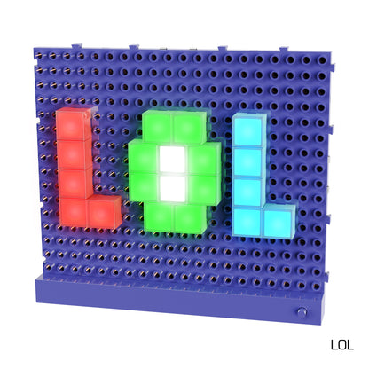 A blue peg board showcases illuminated blocks spelling "LOL" using Lite Blox by E-Blox, Inc. The left "L" is crafted from red Lite Blox, the middle "O" combines green with a white center, and the right "L" features blue blocks. This vibrant display from Lite Blox - Light up your world! creates captivating light pictures.