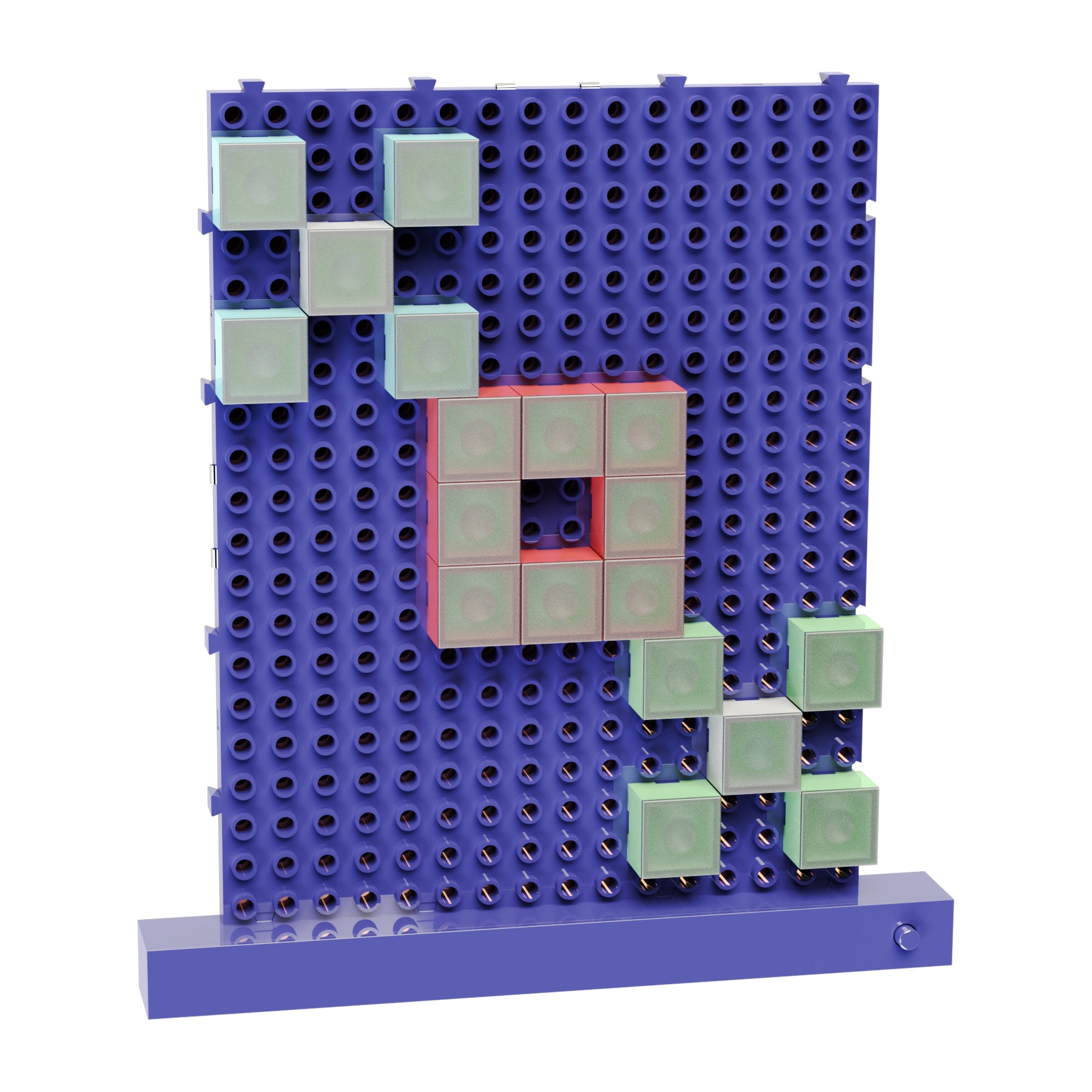 A purple pegboard from E-Blox, Inc. featuring a grid of holes is adorned with green and pink translucent Lite Blox cubes arranged in patterns. The Lite Blox cubes form geometric shapes, including some green cubes creating a plus sign and others outlining a larger square within the grid.