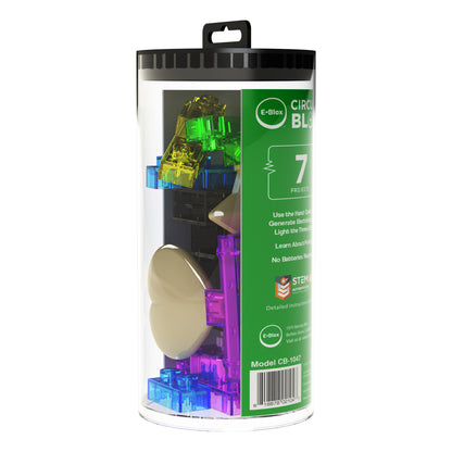 A cylindrical container with clear plastic showing multi-colored circuit blocks inside. The container has a black handle on top and a green label stating "Circuit Blox™ BYO ECO Fidget Lights" by E-Blox, featuring 7 projects, lights, STEM education focus, and the ability to generate electricity. Model CB-1017.