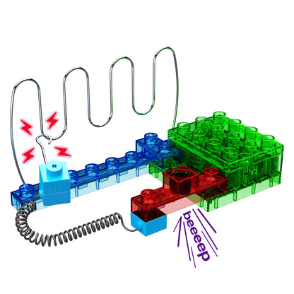 Buzz Wire Challenge circuit with hook touching the wire and depicting buzzer beeping