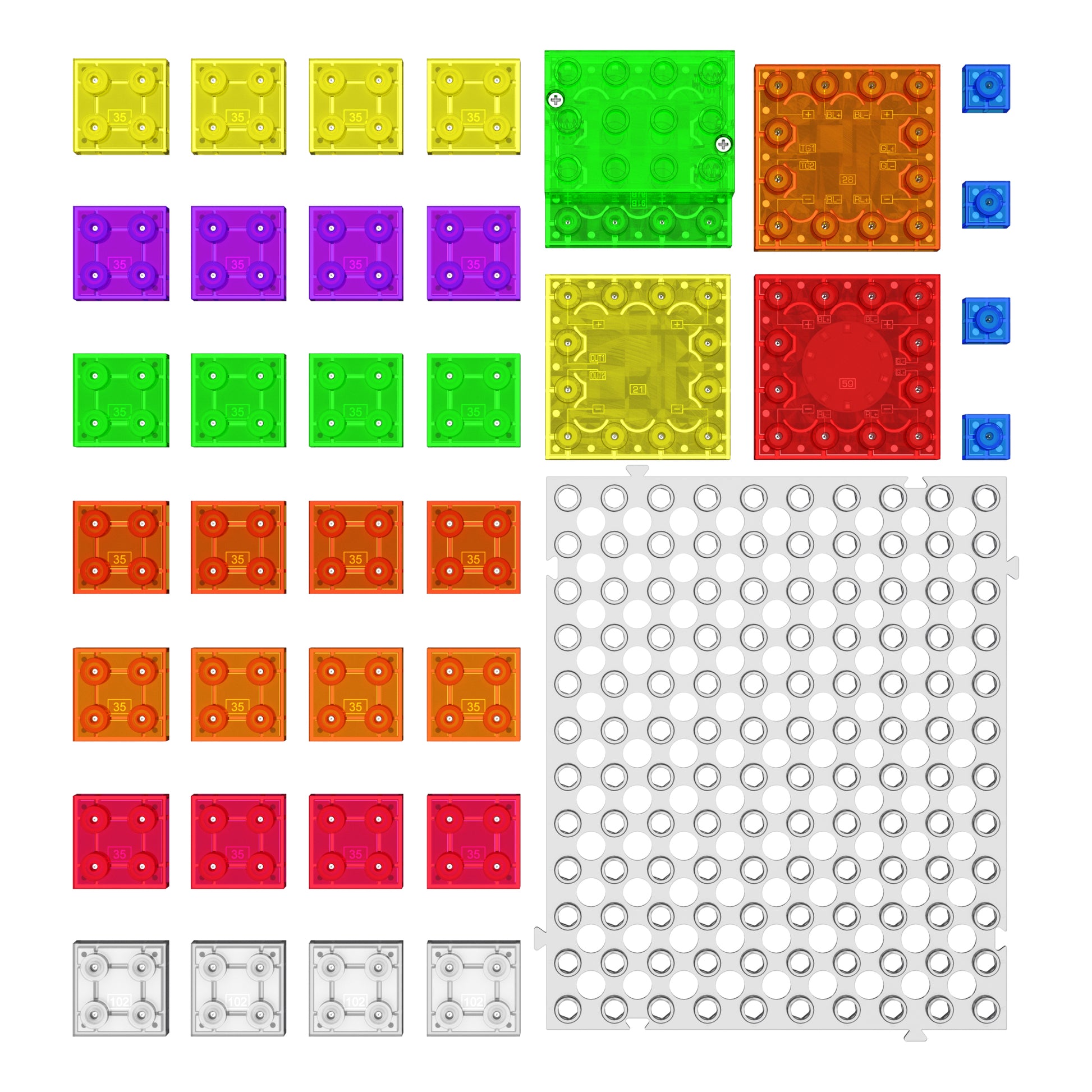 An assortment of vibrant, translucent square building plates in various sizes arranged in a grid pattern. The plates come in yellow, green, orange, red, purple, and blue featuring a larger white base plate on the bottom right corner filled with small circular holes. Perfect for educational play and creativity. Introducing the Circuit Blox™ Sound & Touch-Controlled Light Show by E-Blox!