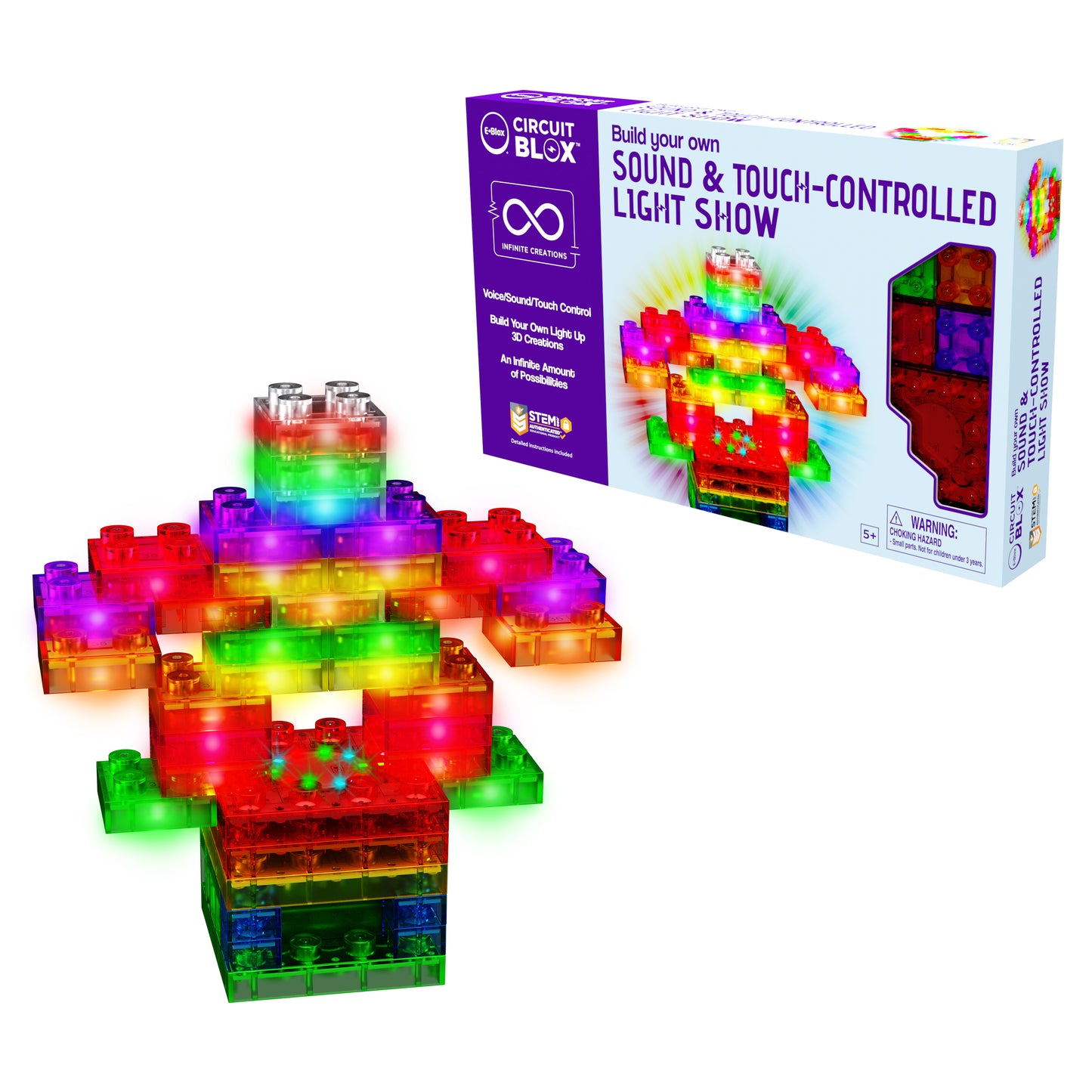 A box of "Circuit Blox™ Sound & Touch-Controlled Light Show" from E-Blox is displayed with the text "Build your own sound & touch-controlled light show." Beside it, a multicolored, illuminated structure made of translucent LED blocks, designed for educational play, stands brightly lit in front of the packaging.