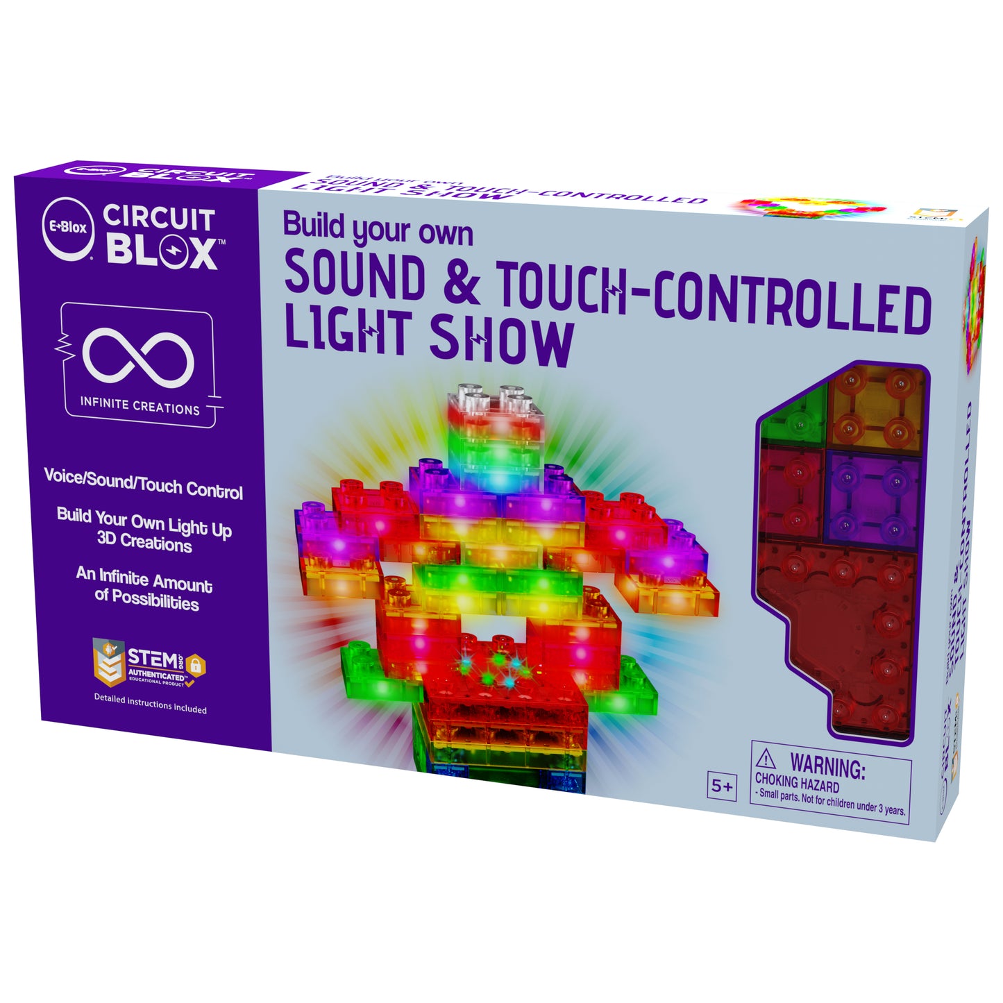 The image showcases the packaging for E-Blox's "Circuit Blox™ Sound & Touch-Controlled Light Show" kit. The box displays vibrant 3D creations constructed from LED blocks and emphasizes the voice, sound, and touch control capabilities provided by an intuitive controller module. Ideal educational play for children ages 5 and up.