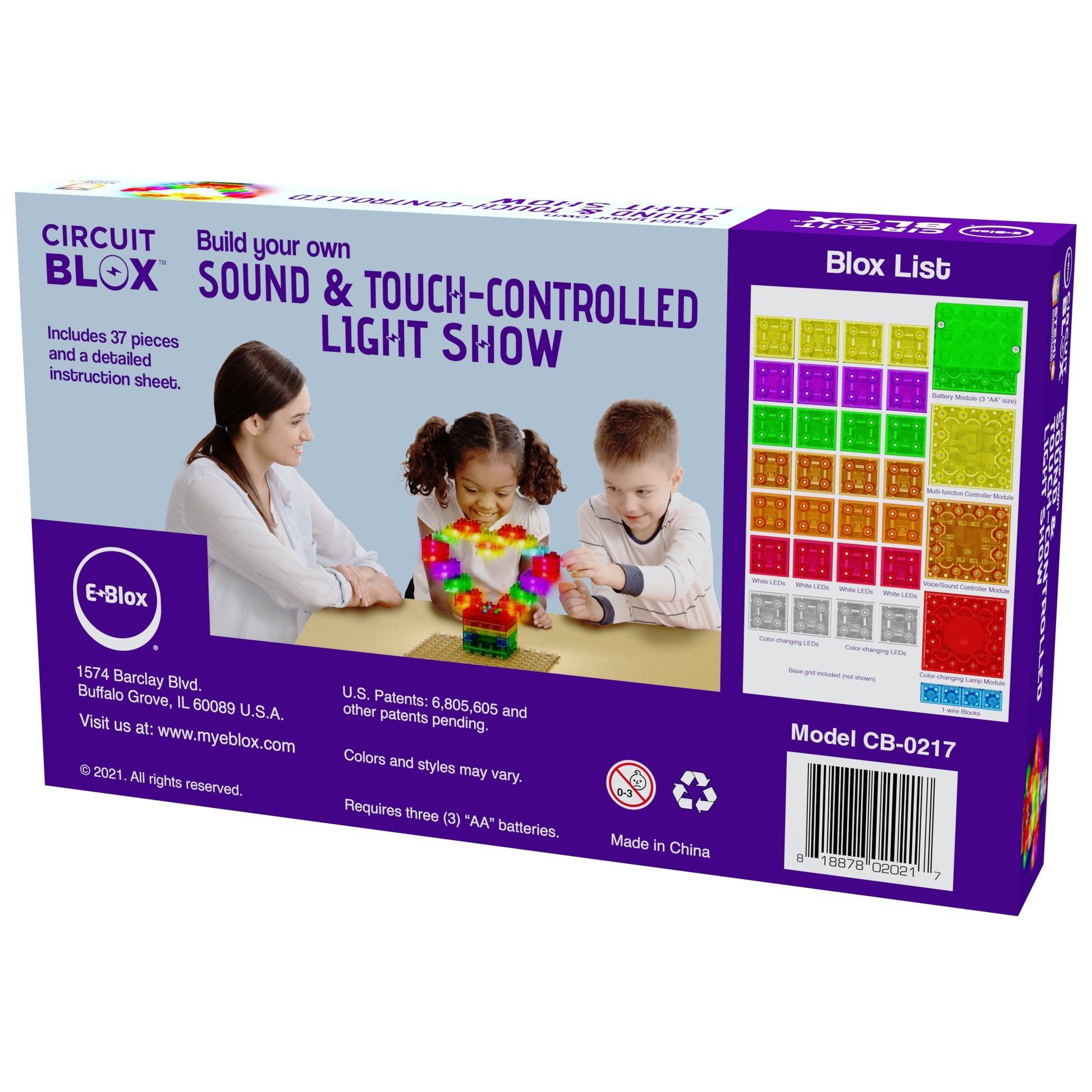 A purple and white product box labeled "Circuit Blox™ Sound & Touch-Controlled Light Show" by E-Blox features an image of two children and an adult assembling colorful LED blocks. The educational play details, Blox list, and controller module information are shown on the side.