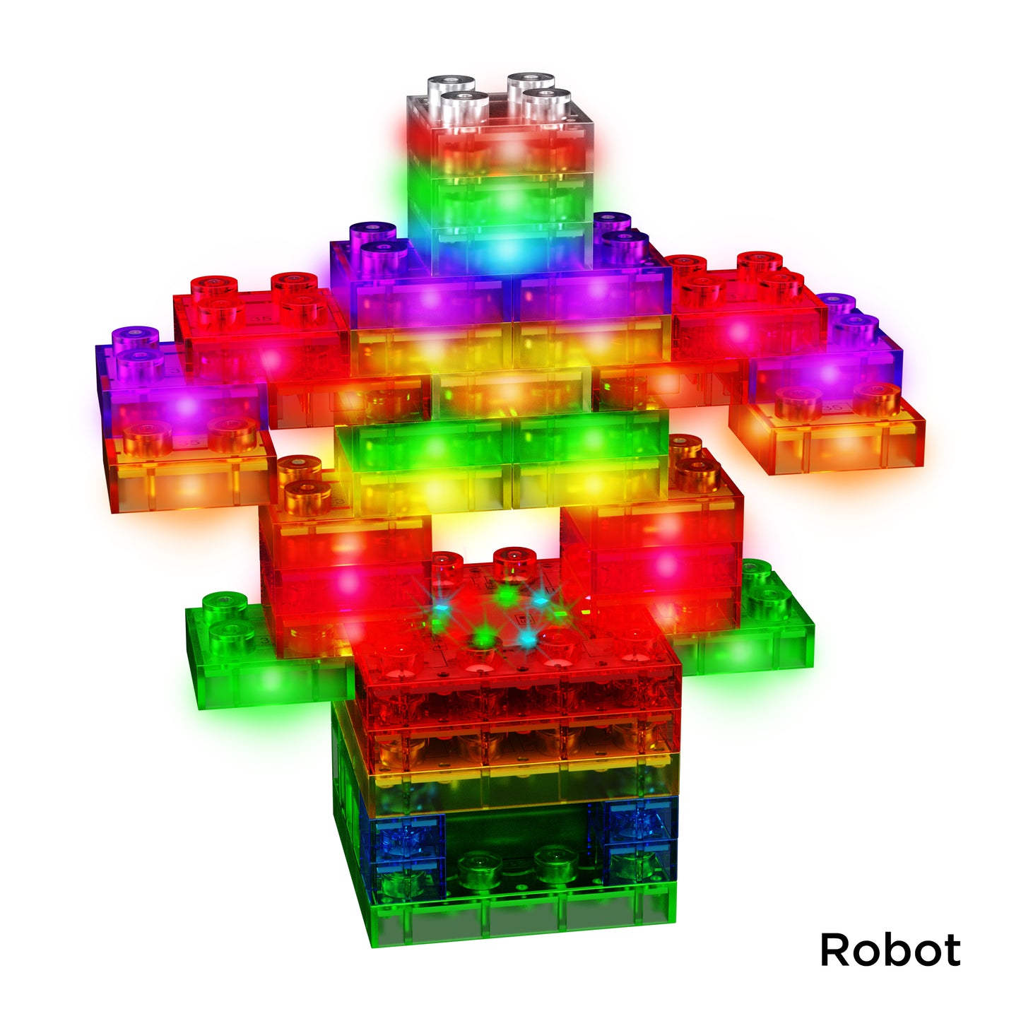 The Circuit Blox™ Sound & Touch-Controlled Light Show by E-Blox is a vibrant robot figure constructed from transparent, illuminated LED blocks in diverse colors including red, green, yellow, blue, and purple. These blocks are configured to form a simplified humanoid robot. It features an integrated controller module that adds interactive capabilities. The word "Robot" is inscribed in black in the bottom right corner.