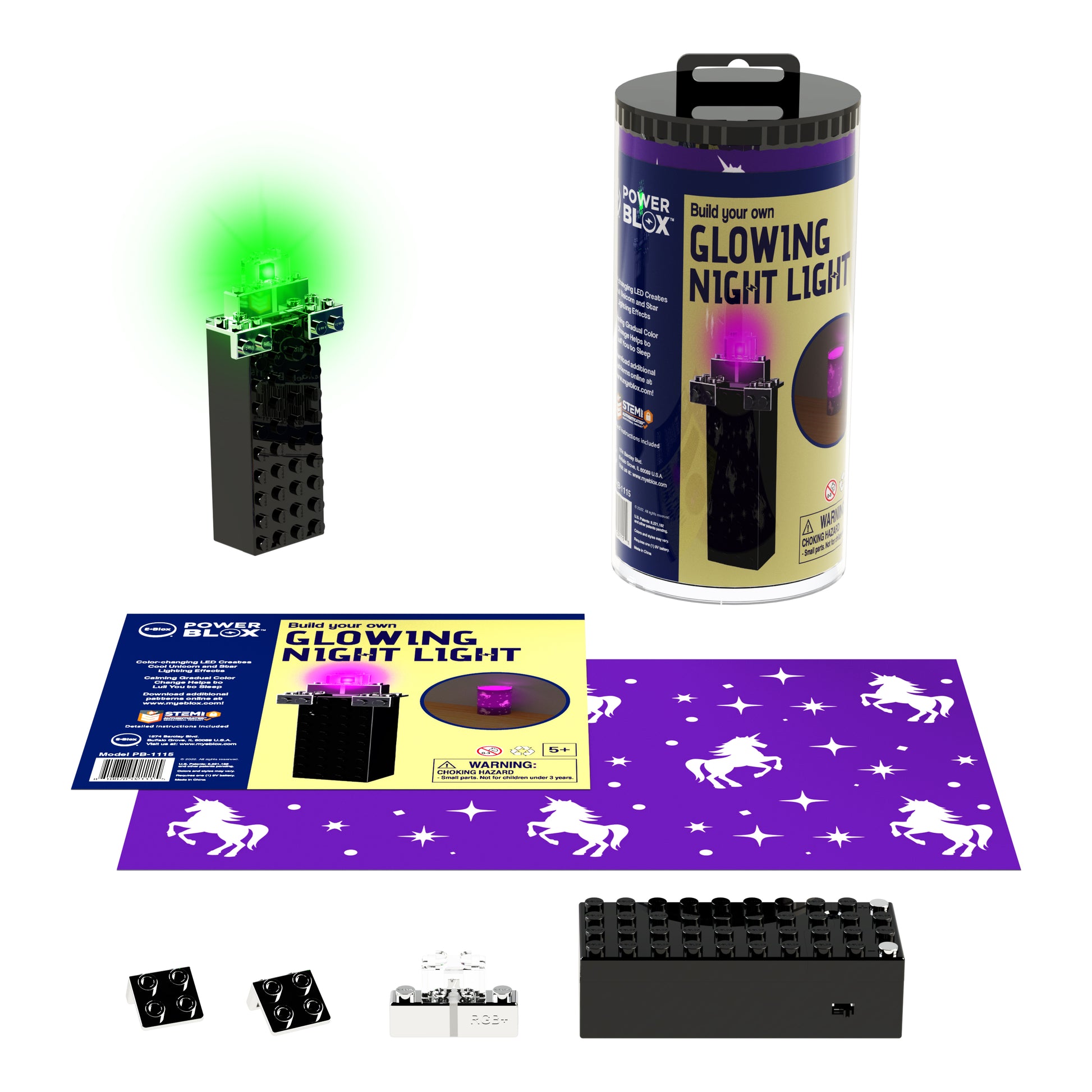 Unicorn night light in packagine with parts laid out in front and circuit on glowing to the side