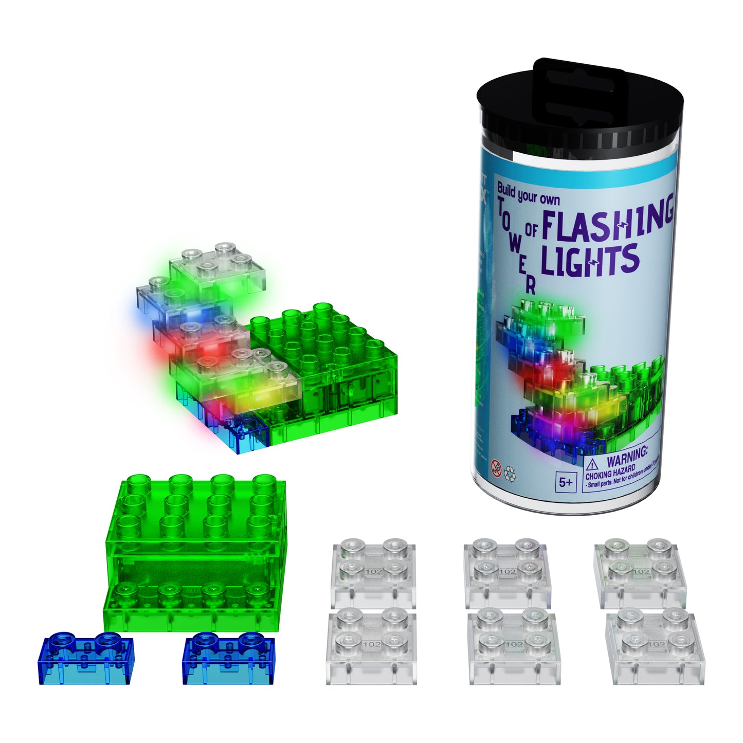 Tower of flashing lights in packaging with parts laid out in front and sample circuit built to the side glowing